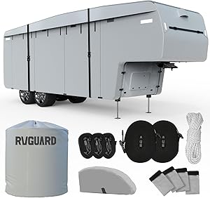 RVGUARD 5th Wheel RV Cover, Camper Cover for 41' - 44' RV, 6 Layers Anti-UV Windproof Waterproof Fifth Wheel Cover, with Storage Bag and Straps, Grey