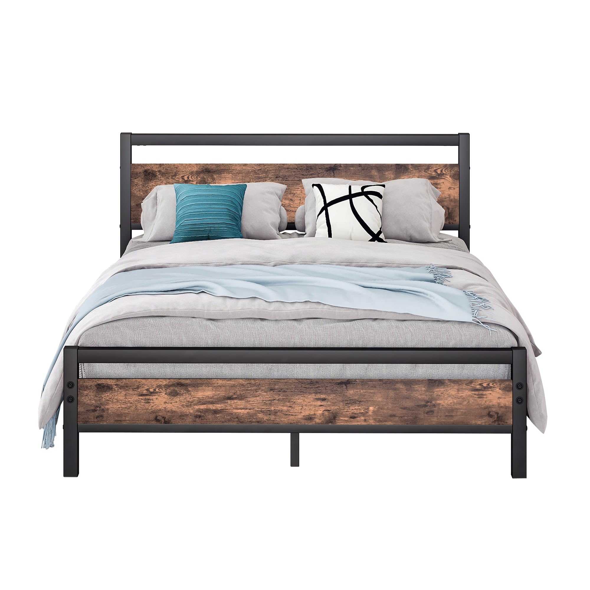 Telaio letto 160 x 200 cm, in metallo e legno, letto in metallo con rete a doghe, letto per ragazzi e ragazzi, 160 x 200 cm, con testiera, in metallo marrone e nero
