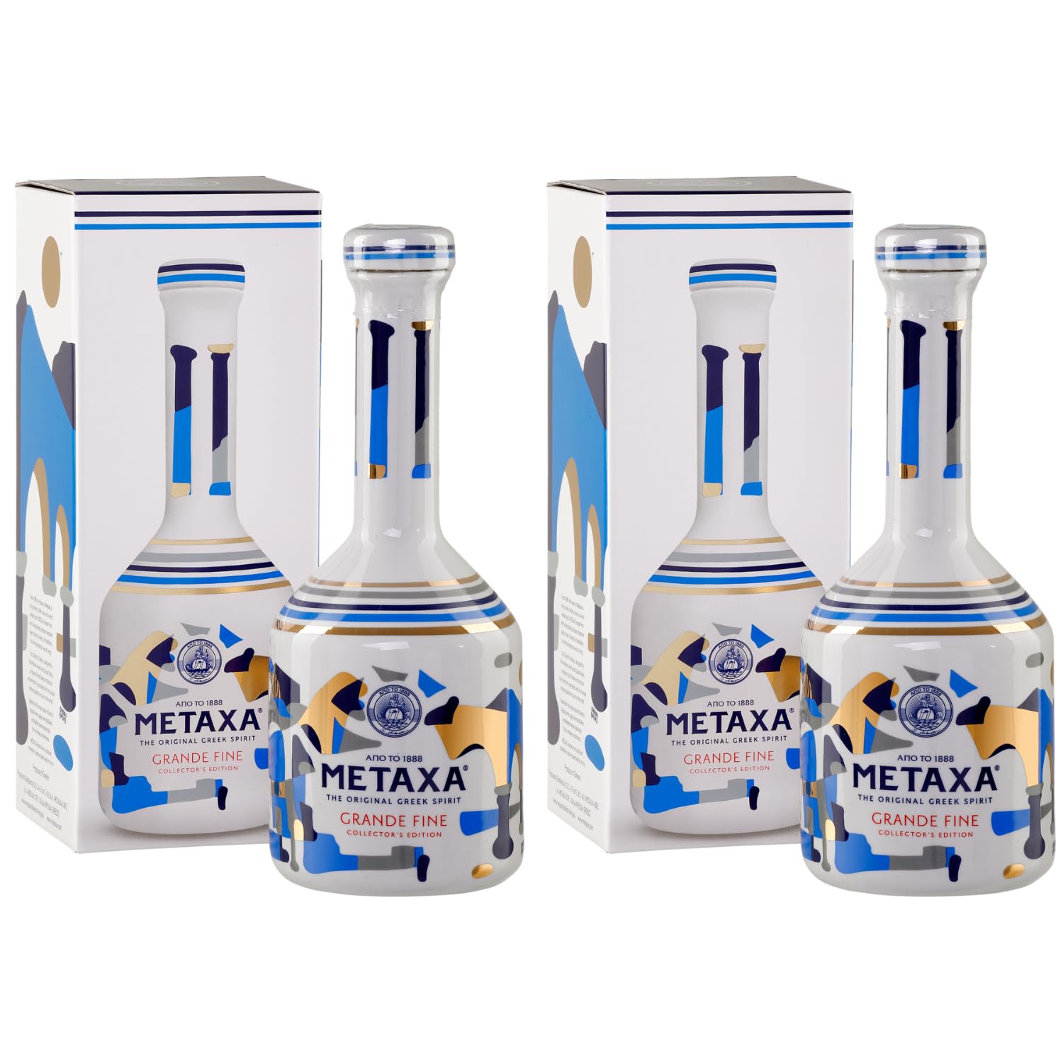 Metaxa Grande Fine 2x 0,7l Keramikflasche | Griechischer Edel-Weinbrand in hochwertiger Geschenkbox | Original Metaxa | 40% Vol. | +20ml Jassas Olivenöl