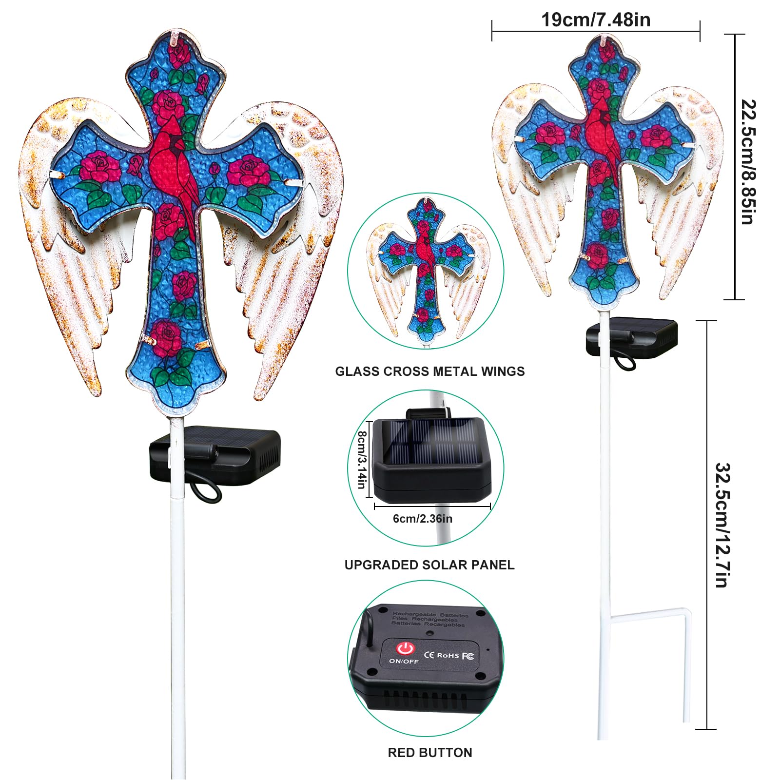 YJFWAL Cardinal Bird&Rose Cross Garden Stake Light, Solar Glass Cross for Cemetery Grave, Jesus Cross Angel Wings Sympathy Memorial Gifts for Mother,Lawn Yard Patio Garden Decor