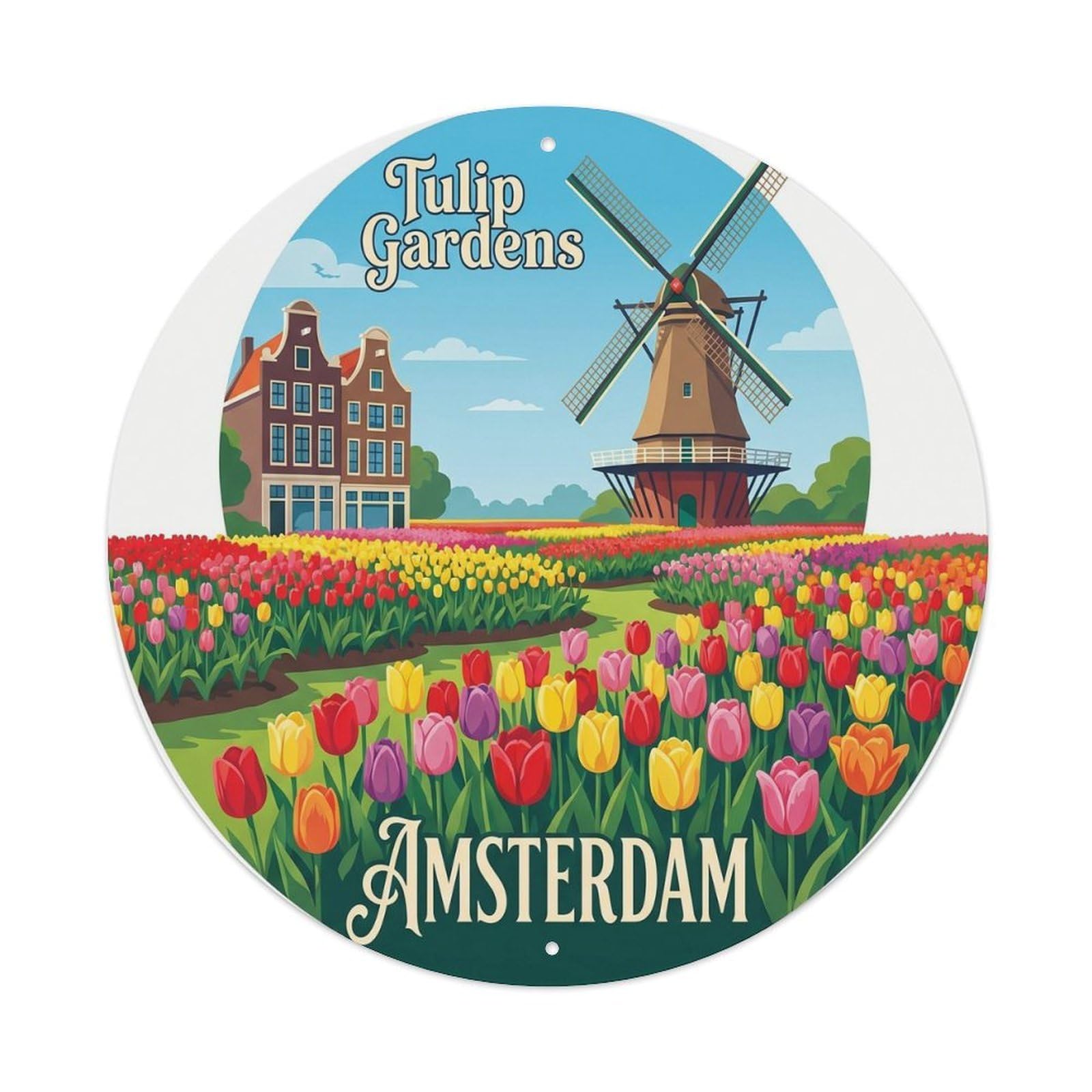 Amsterdam Landmark Garden Tulip City Europe Classic Destination Metal Tin Sign Plaque Wall Decor for Cafe, Man Cave, Club Bar, Office, Home Garden Round Metal Poster 8x8Inch