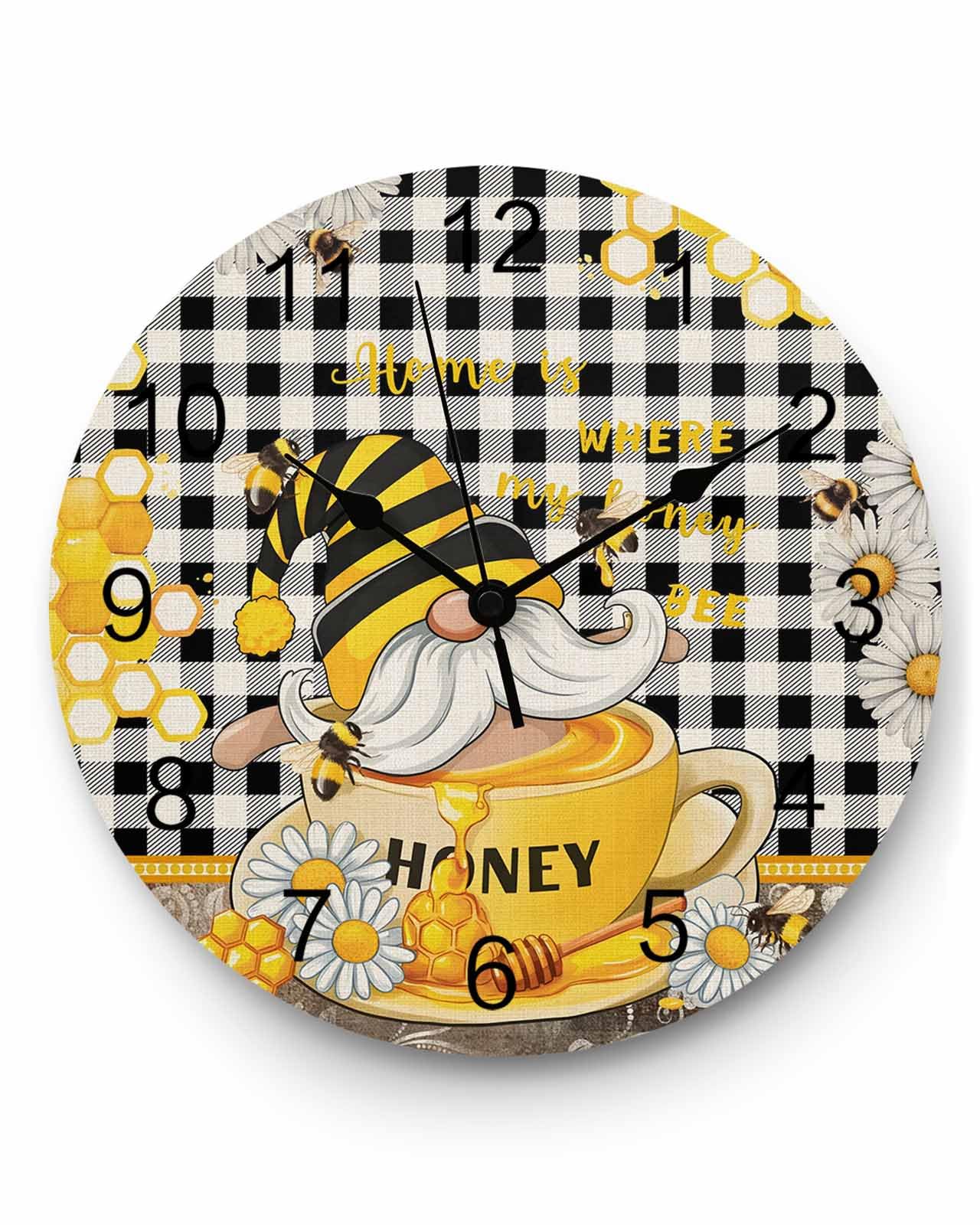 Ensound Wall Clock Honey Bee Gnome Clocks Wooden Silent Non-Ticking Battery Operated Decorative Daisy Flower Black Buffalo Plaid Round Clock for Home Living Room Kitchen Bedroom Office School 12 Inch