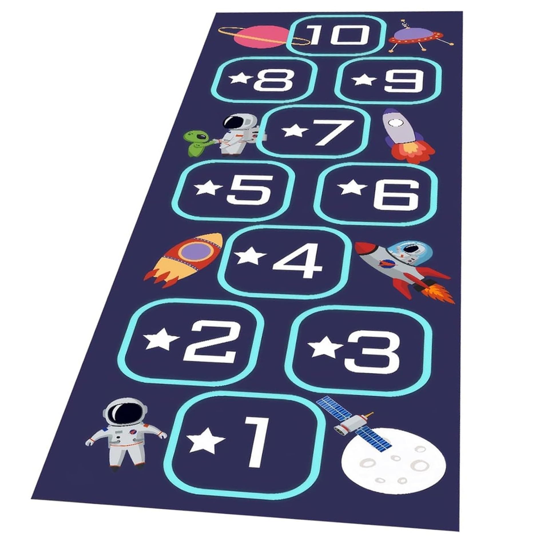 Uanqfegy Hopscotch Rug Indoor Play Kids – Non-Slip Backing Space Theme Area Rug Machine Washable Polyester Mat for Playroom Bedroom Daycare