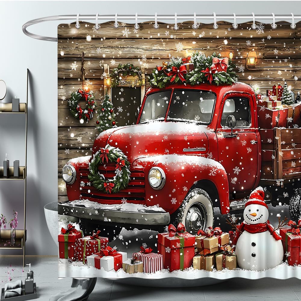 Rustic Farmhouse Christmas Shower Curtain Winter Farm Truck Xmas Tree Snowman Cute Xmas Holiday Bath Decor Polyester Fabric Curtains 106X70 Inch