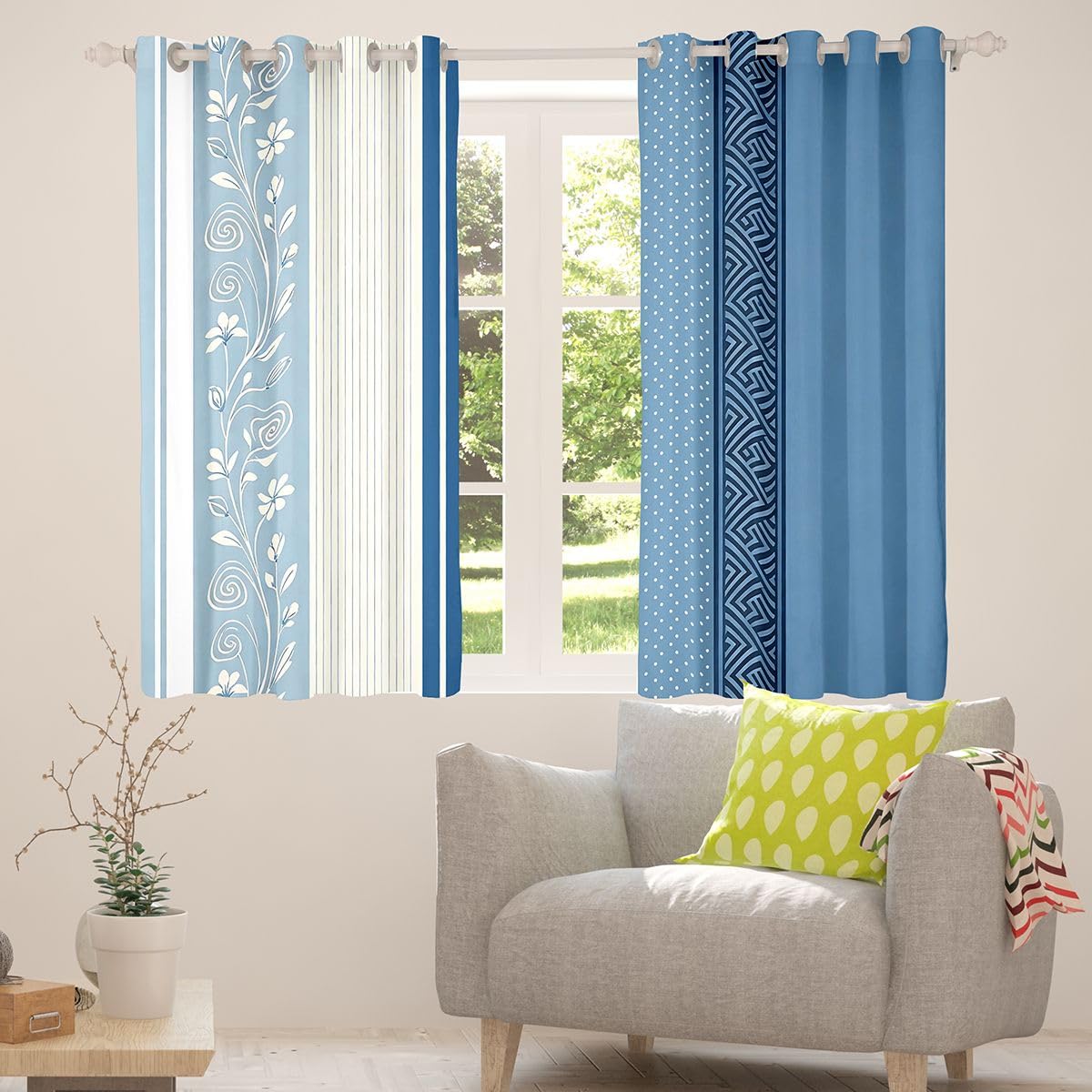 Lot de 2 rideaux de fenêtre rétro à fleurs - Taille XXL - 260 x 140 cm - Rayures géométriques - Points ondulés - Bon rideau occultant - Aquarelle - Motif plantes - Bleu - Pour adultes et