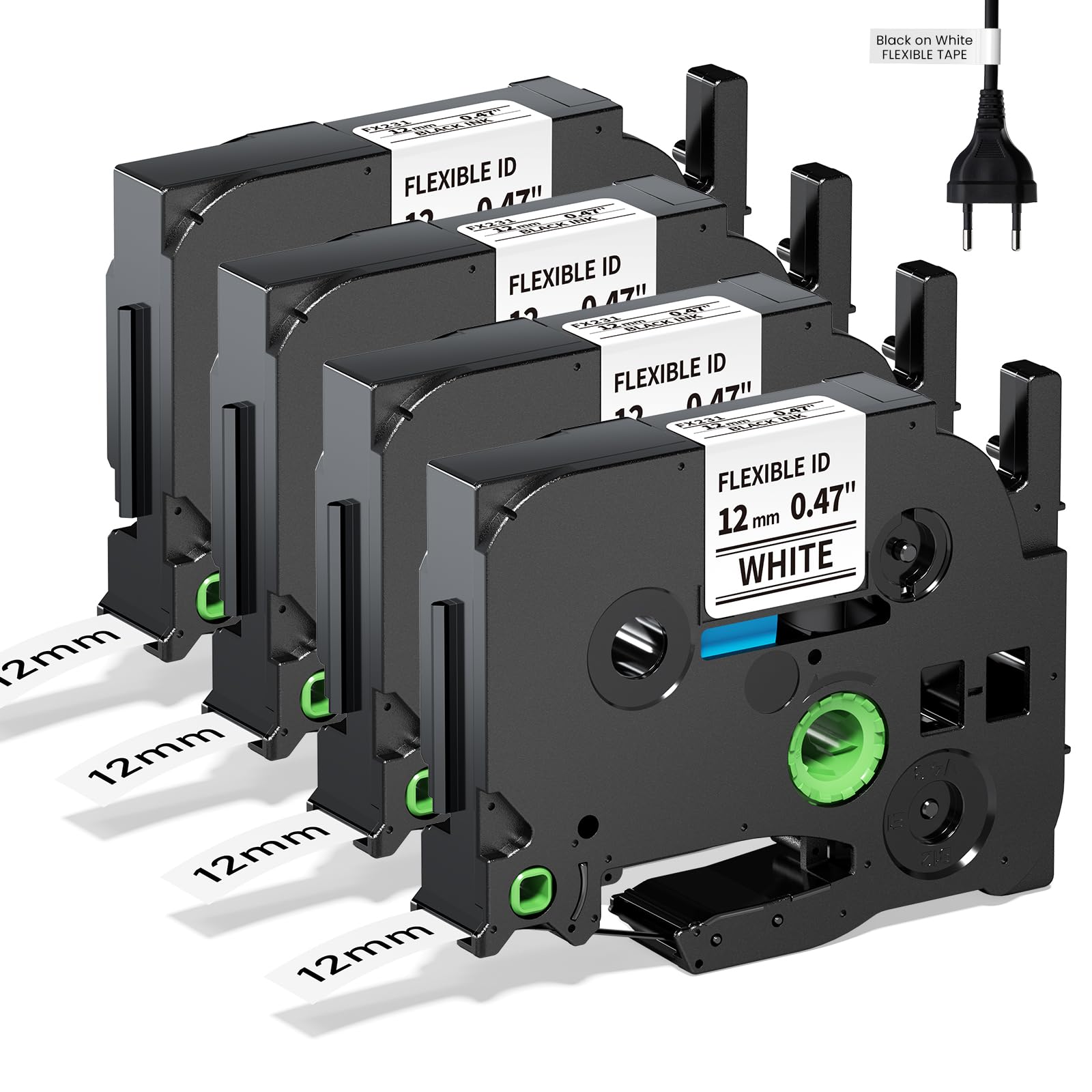 Replacement for Brother Flexible-ID TZe-FX231 12mm 0.47'' Laminated White P Touch TZe TZ Flexible Cable Wire Tape for PT-D200 PT-D220 PT-D210 PT-D600 PT-D400 PT-H100 PT-H110, 1/2" x 26.2', 4-Pack