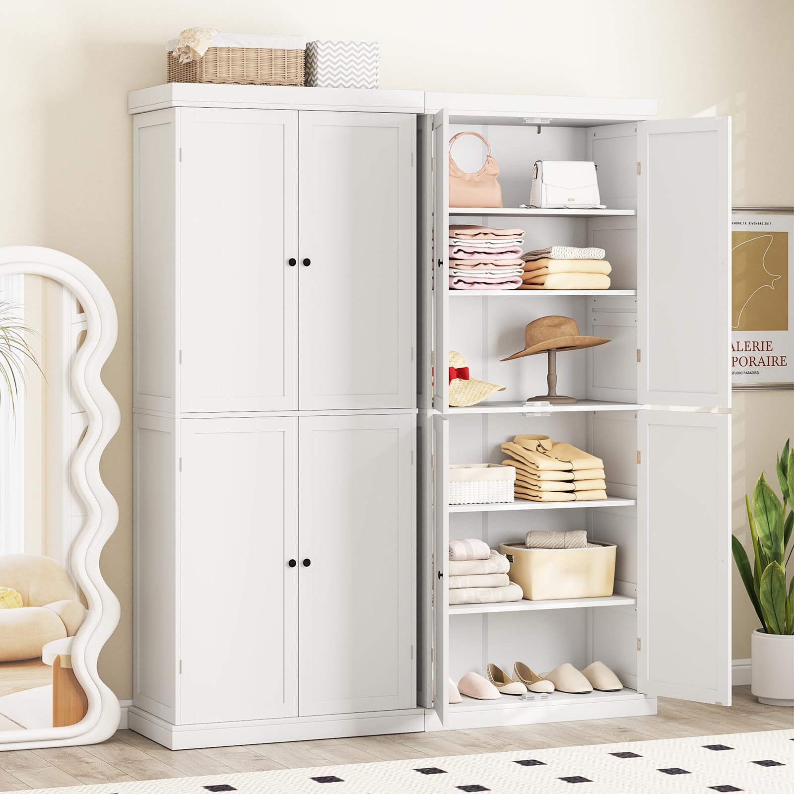 COSTWAY 6 stöckiger Garderobenschrank, Kleiderschrank mit 4 Türen & verstellbaren Regalen, Mehrzweckschrank Küchenschrank, Hochschrank für Badezimmer, Esszimmer, Büro, 76 x 40 x 184,5 cm, Weiß