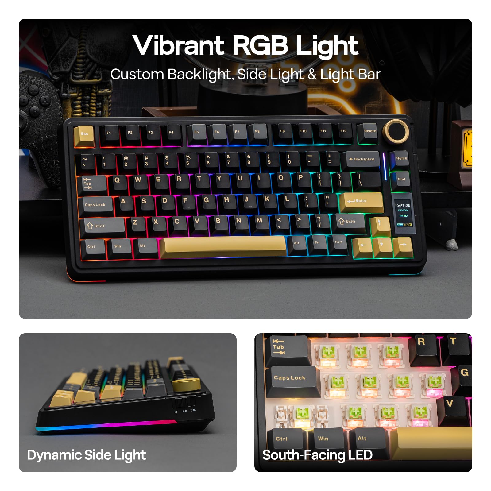 EPOMAKER X Aula EA75 MAX Teclado Mecánico Inalámbrico para Juegos con Pantalla y Perilla, 5000mAh, Hot-Swap, RGB, Teclas PBT,Gasket Suave, Teclado Mecánico del 75%,Formato US (Negro, Silent Switch) - 5