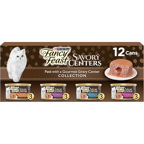 Purina Fancy Feast Savory Centers Wet Cat Food Pate Variety Pack With Chicken, Salmon, Beef, and Tuna Pate with Gravy Center - (2 Packs of 12) 3 oz. Pull-Top Cans