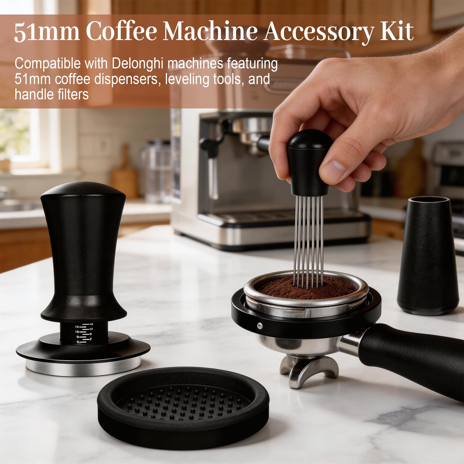 Tamper de café de 51 mm con herramienta WDT, juego profesional para portafiltros, incluye prensador de fondo estriado, herramienta WDT de 12 agujas (0,4 mm), anillo dosificador magnético y