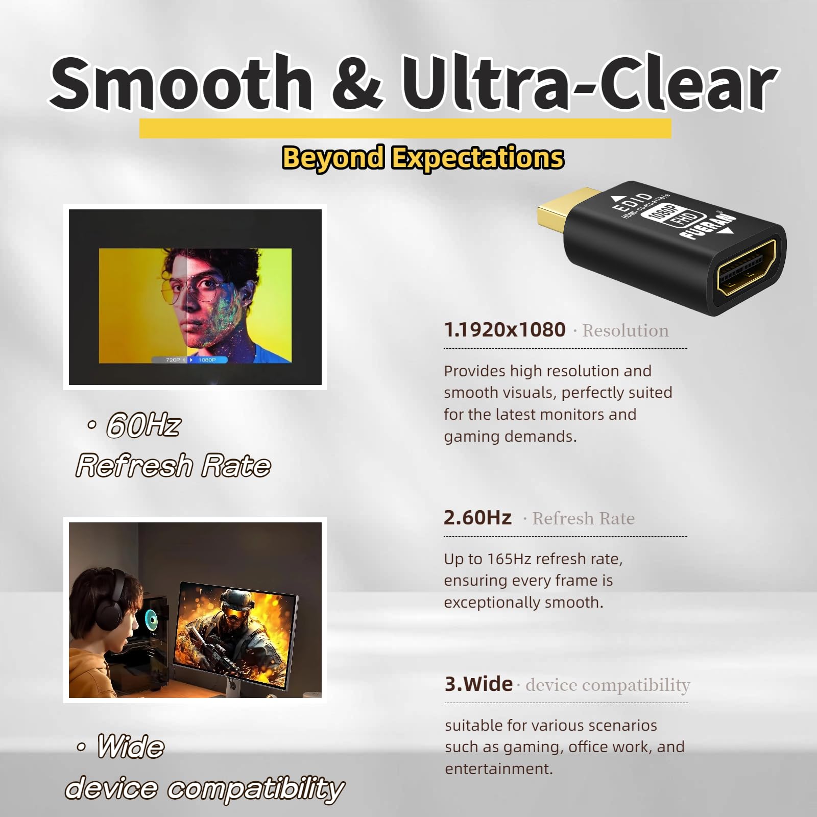 Adaptateur émulateur HDMI edid - émulateurs - Pass-Through fiable pour répartiteurs vidéo, rallonges, récepteurs AV - Plug & Play (1920 x 1080 @ 60 Hz(1080p) - 6P)