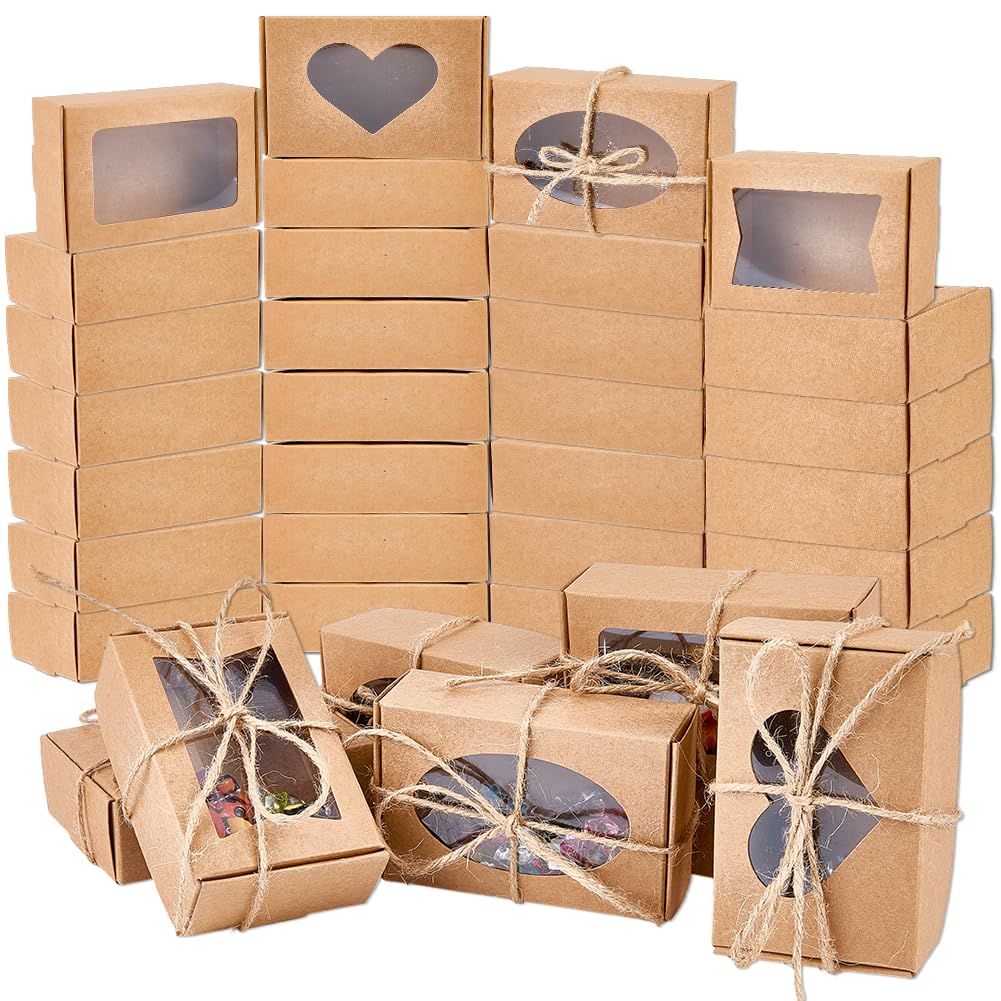Beebeecraft 40Pcs 4 Styles 8.5x6x3cm Christmas Kraft Paper Boxes, Brown Small Gift Boxes with Clear Windows 20m Jute Twines for Halloween Party Favor Treats Bakery and Jewelry Packaging