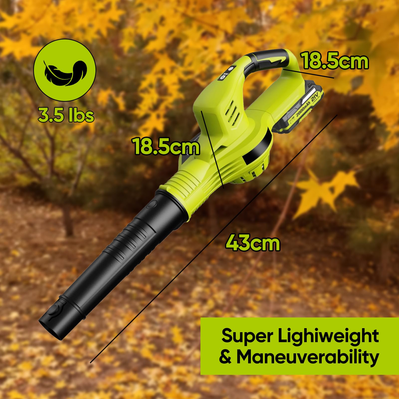 Soplador de hojas inalámbrico de 21 V, 2 velocidades, velocidad máxima 240 km/h (150 MPH), ligera, diseño ergonómico, para jardín, barrido de hojas, soplado de nieve