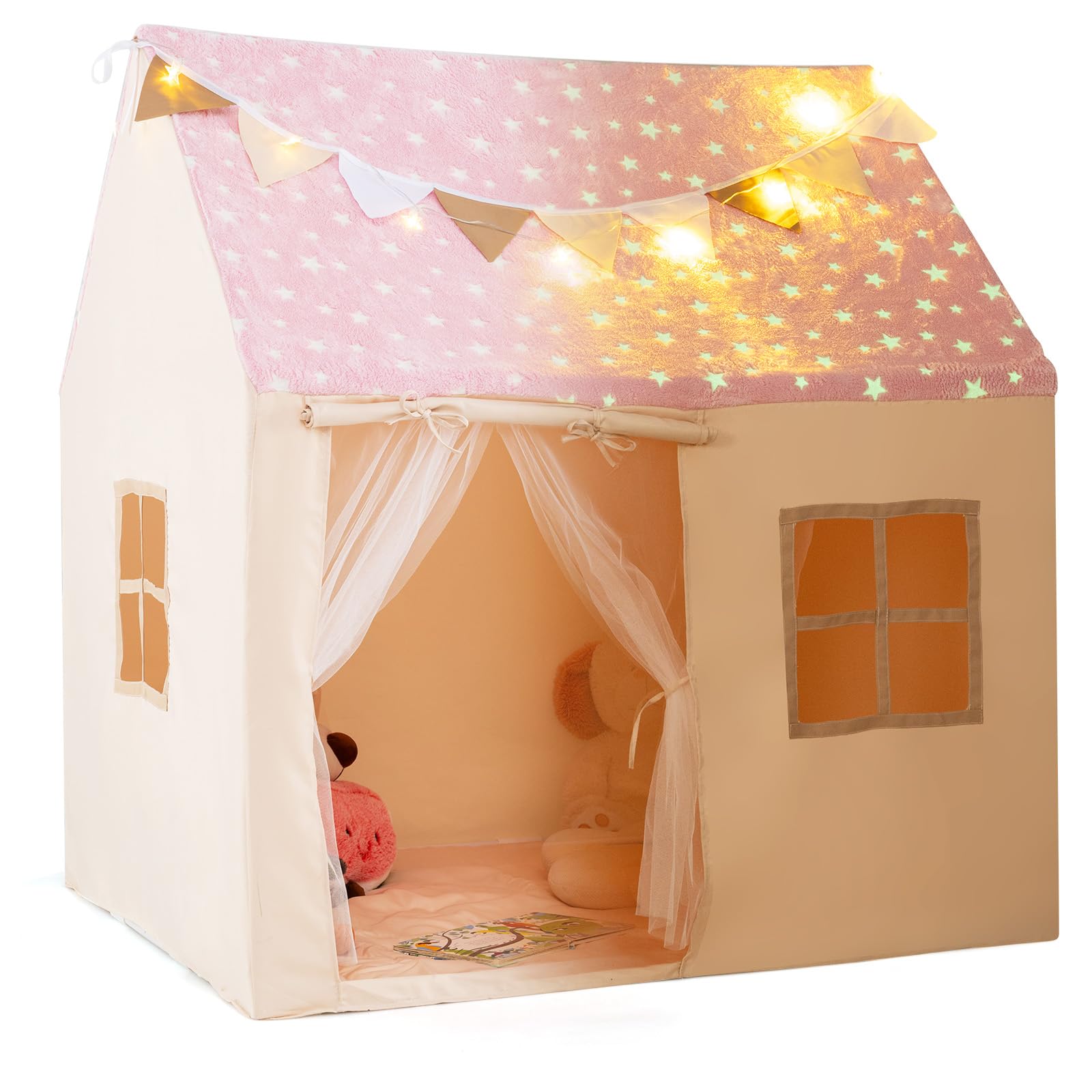 DREAMADE Spielzelt Kinder, Kinderzelt mit Sternenlichtern, Flaggen & gepolsterten Matte, großes Spielhaus mit Moskitonetz-Vorhängen & Fenstern, Kinderspielzelt für Kinder ab 3 Jahren (Rosa)