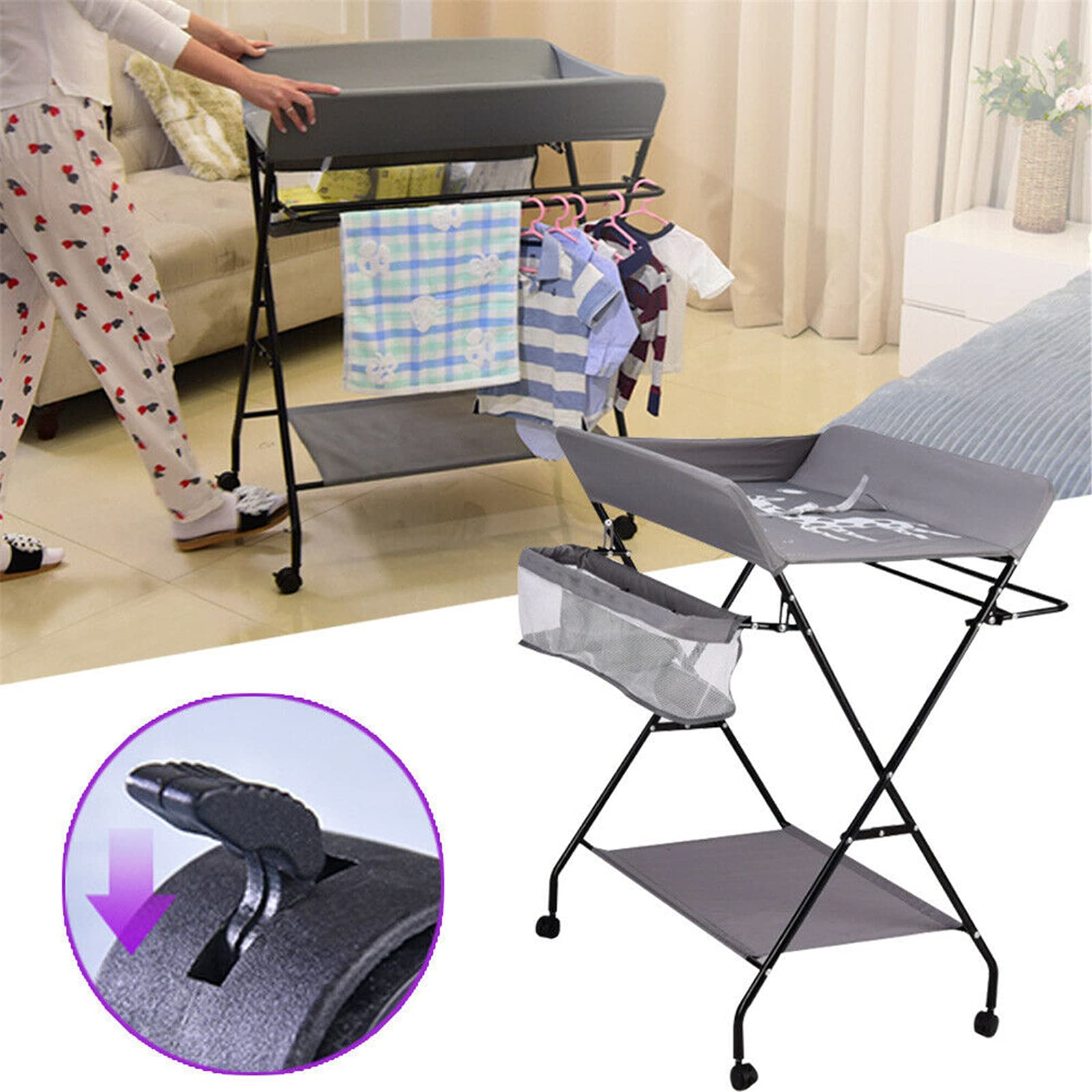 Mesa de cambio de bebé plegable Nursery Changing Station con almacenamiento, con bañera, con ruedas, con cajones, con alfombrilla, color gris oscuro, adecuado para bebés de hasta 12 meses
