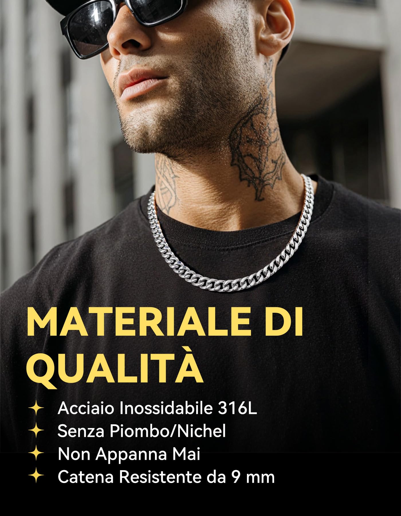 ChainsHouse Collana Uomo Acciaio a Catena Cubana Spessa Robusta, Larghezza 5/7/9/12 MM Lunghezza 46-76 CM, Placcato Oro/Nero/Argento Catenina Stile Hiphop Punk per Uomo Donna