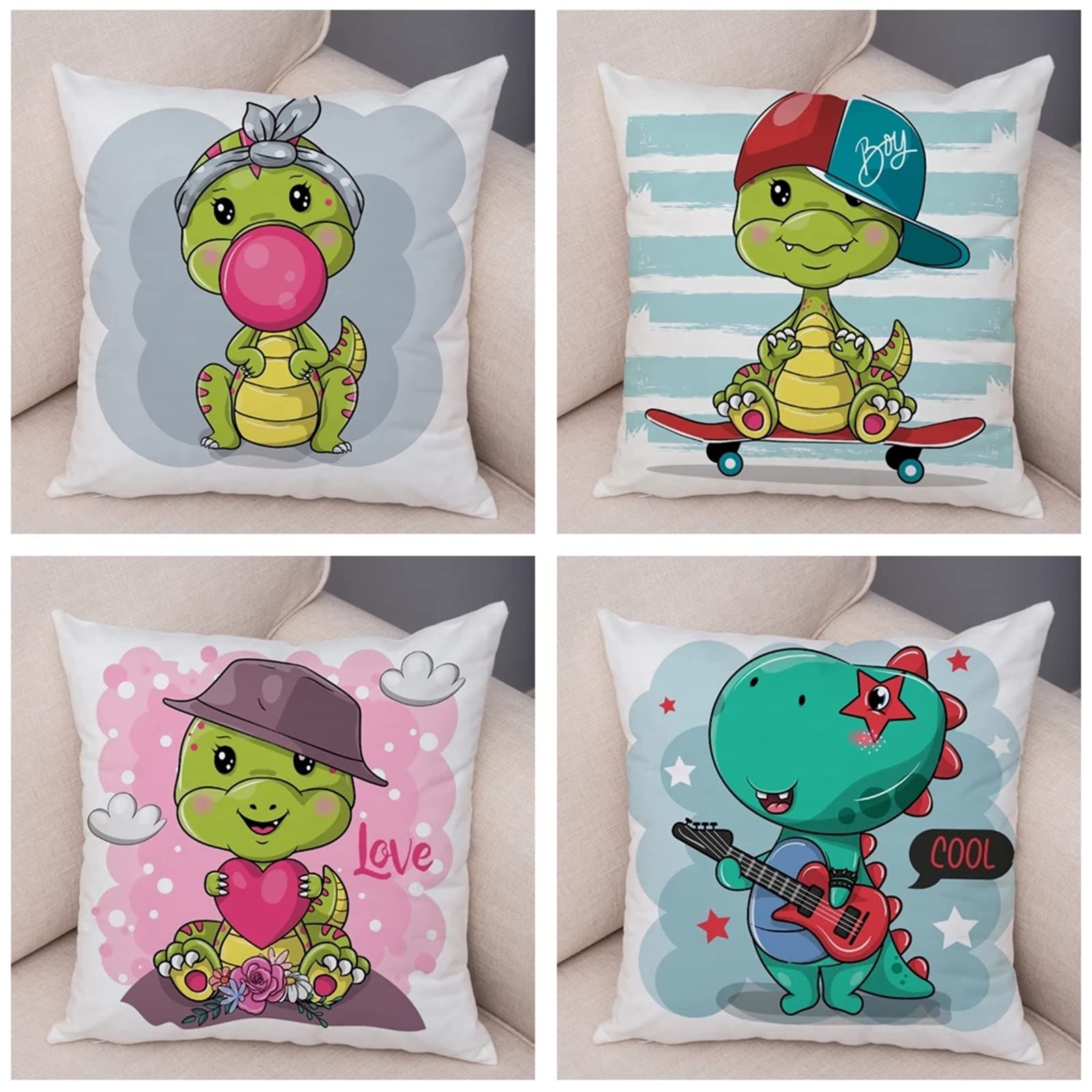 4 sztuki dekoracyjnych poszewek na poduszki, 50 x 50 cm, nowoczesny design dwustronny nadruk poszewka na poduszkę do ogrodu na zewnątrz patio ławka salon sofa dekoracja domu poszewka na poduszkę uroczy dinozaur, 50 x 50 cm