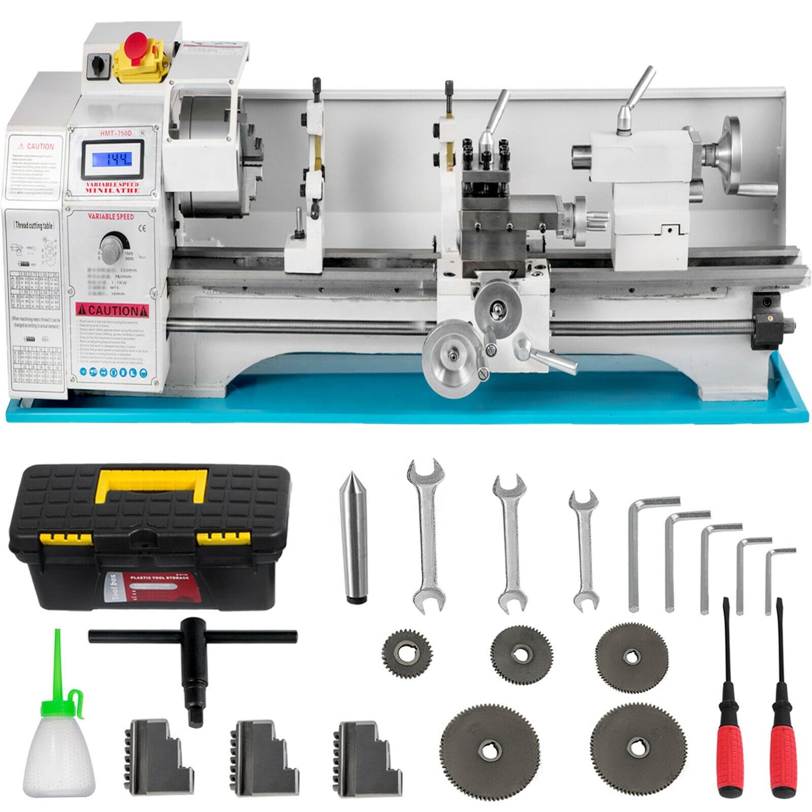 1200 W Mini tornio in metallo da banco 220 x 750 mm ad alta precisione con mandrino a 3 ganasce e velocità del mandrino max. 3000 giri/min Schermo LCD per Filettatura Tornitura Foratura (Senza