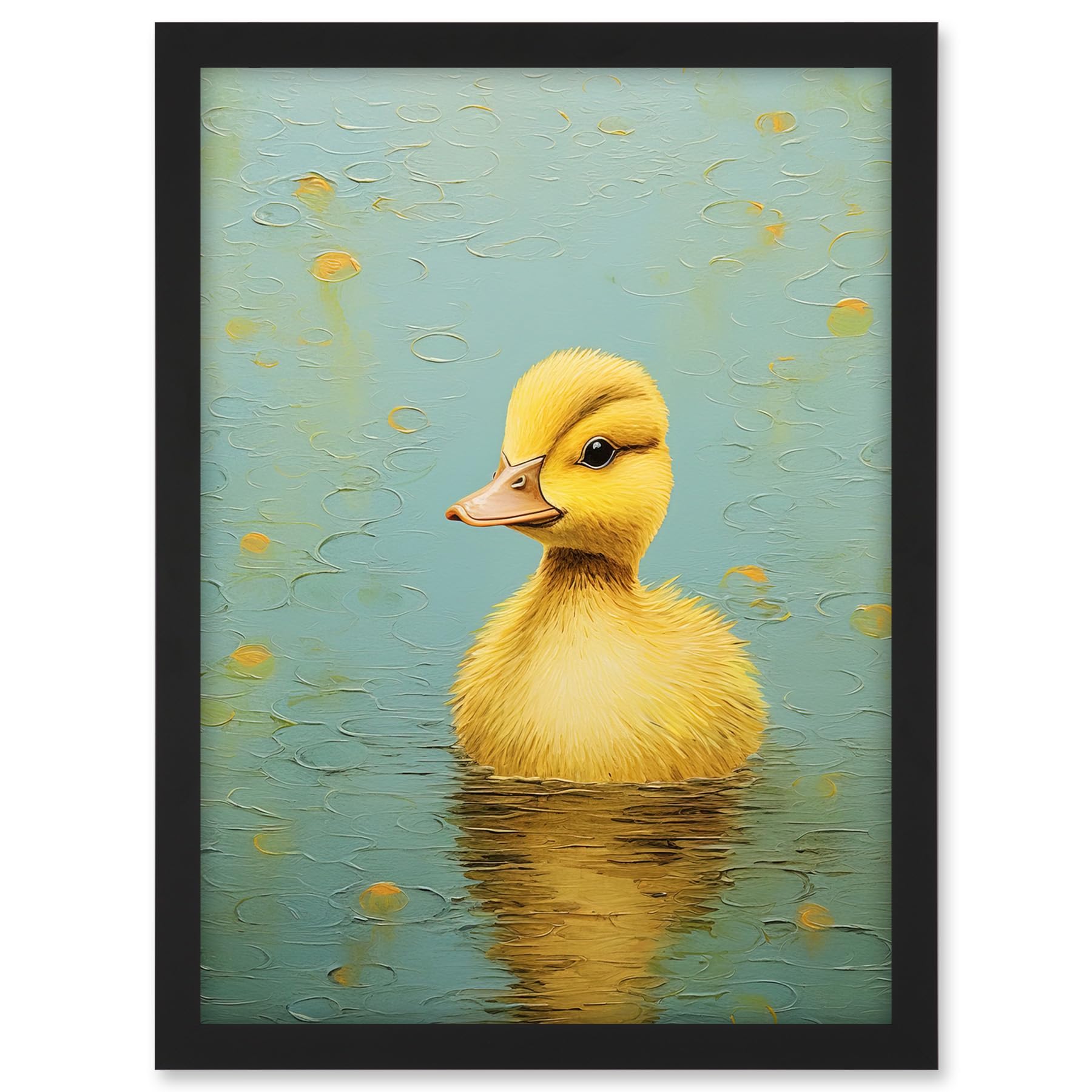 Artery8 Duckling on the Water Oil Painting Yellow and Duck Egg Blue Baby Artwork Framed A3 Wall Art Print