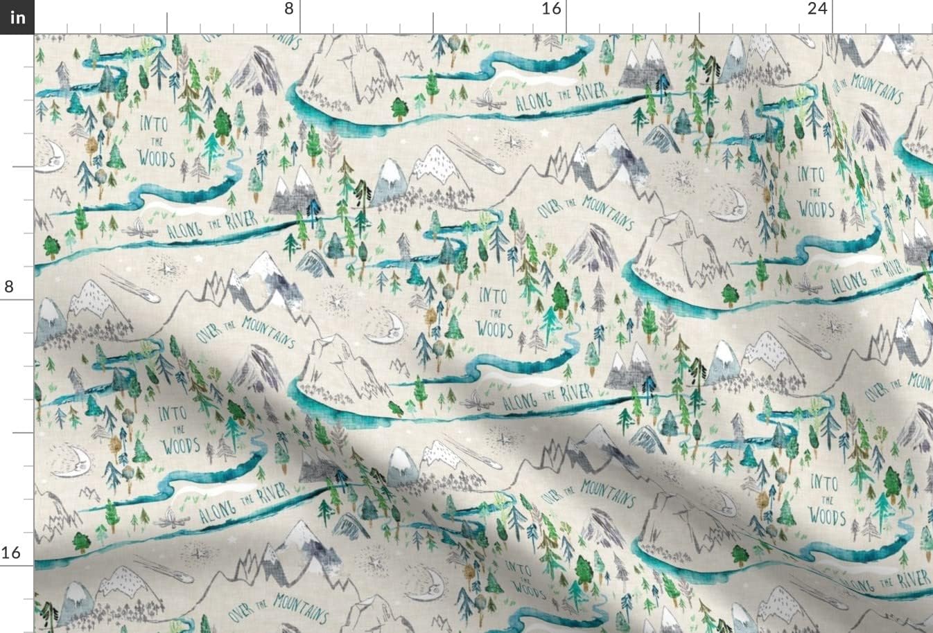 Spoonflower Fabric - Cream Mountain Map Moon River Camping Woodland Boy Printed on Upholstery Velvet Fabric Fat Quarter - Upholstery Home Decor Bottomweight Apparel