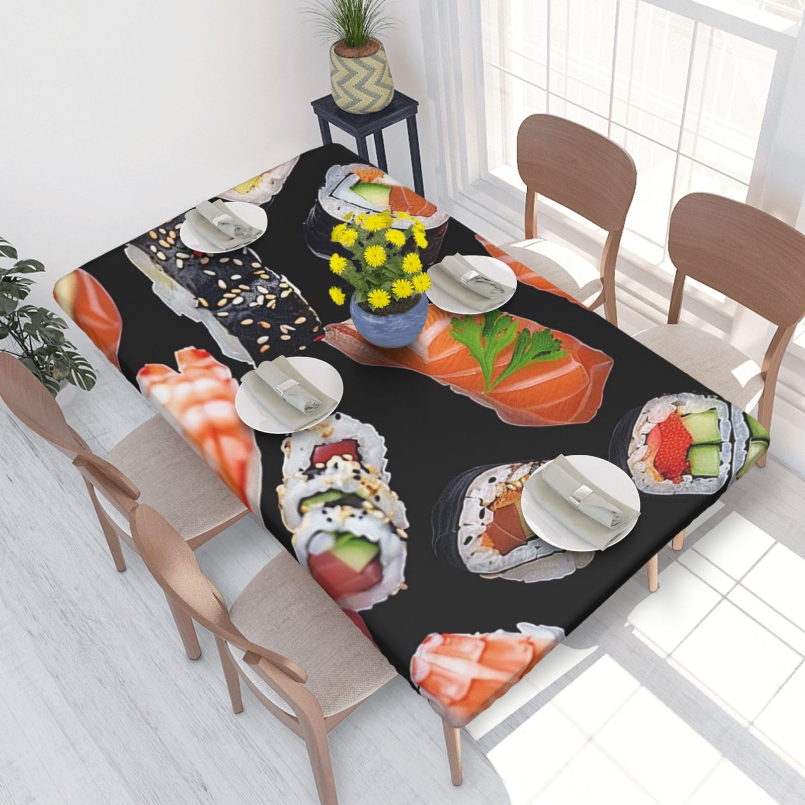 WPKJU Japanese Sushi Black Printed Tablecloths 4ft Rectangular Table Covers Washable Polyester Decorative Table Cloth for Dining Table Picnic Wedding
