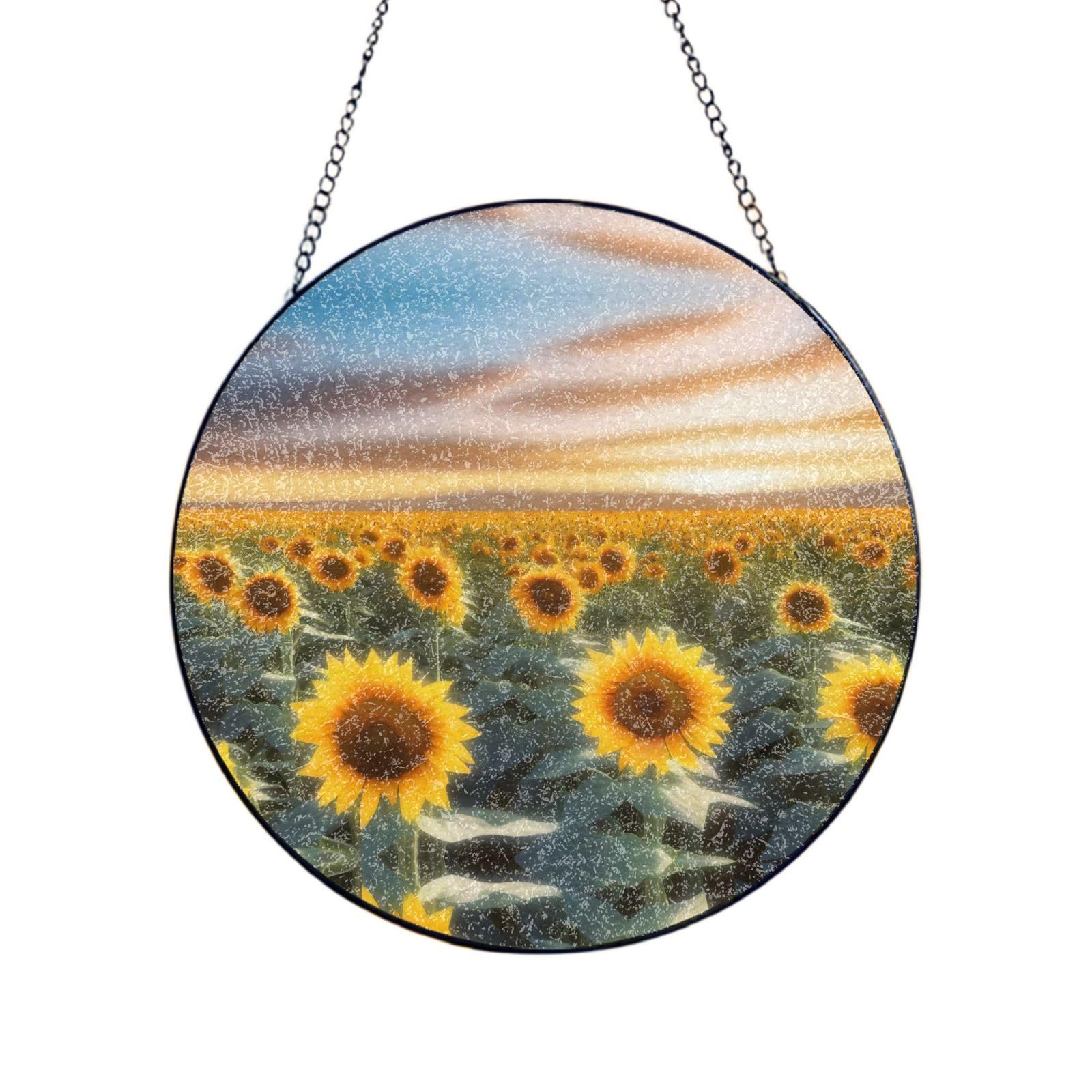 Poezjzw Stained Glass Window Hanging - Sunflower Flower Sea Sun Catcher For Door Garden Home Decor Christmas Mother'S Day Birthday Gifts 8in（20cm）