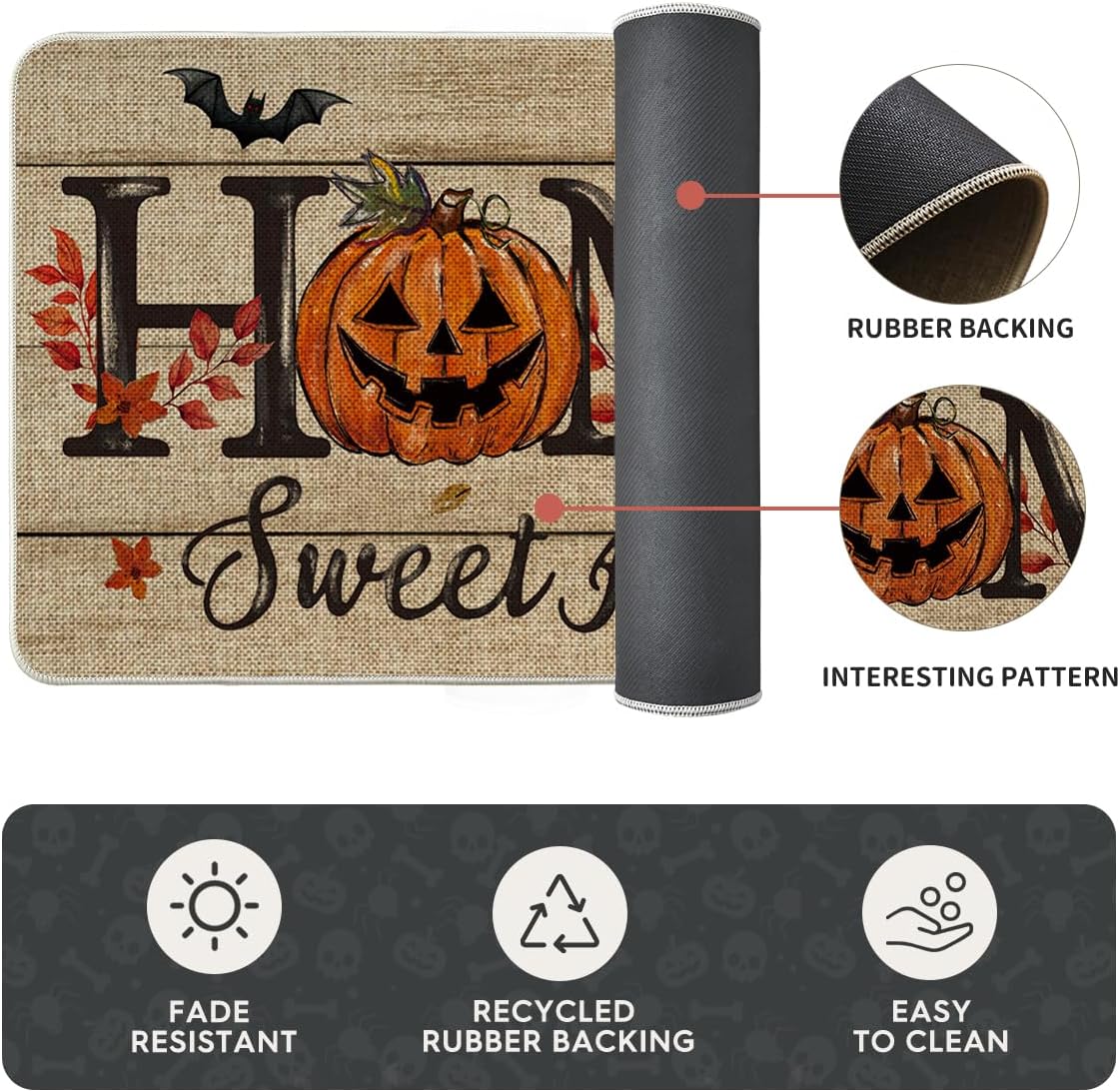 Artoid Mode Home Sweet Jack-O'-Lantern Pumpkin Halloween Kitchen Mats Set of 2, Low-Profile Decor Kitchen Rugs for Floor - 17x29 and 17x47 Inch