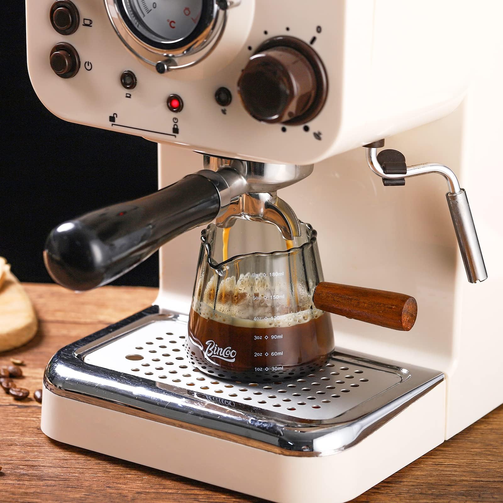 Bincoo 6oz Espresso Shot Glass with Wood Handle,Single Spouts Coffee Milk Measuring Cup with Clear Scale -Heat Resistant Glass Creamer for Coffee Tea or Maple Syrup Serving (180ML gray)
