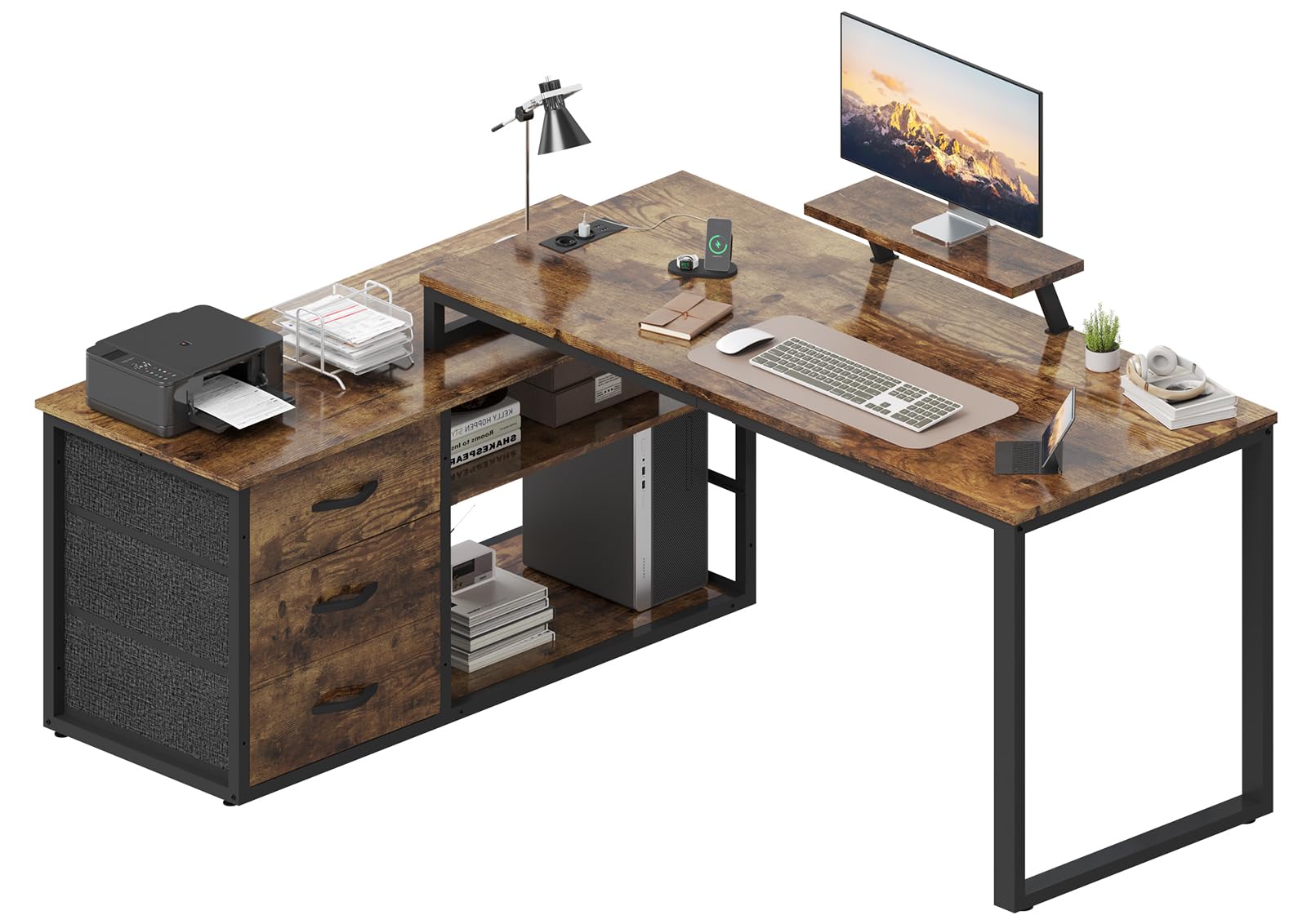 TRIUMPHKEY Eckschreibtisch mit 3 Schubladen&Stauraum, 140 x 105 x 75 cm Reversible Schreibtisch l Form, L-förmiger Schreibtisch mit 2 USB-Ladeanschlüssen und 2 Steckdosen