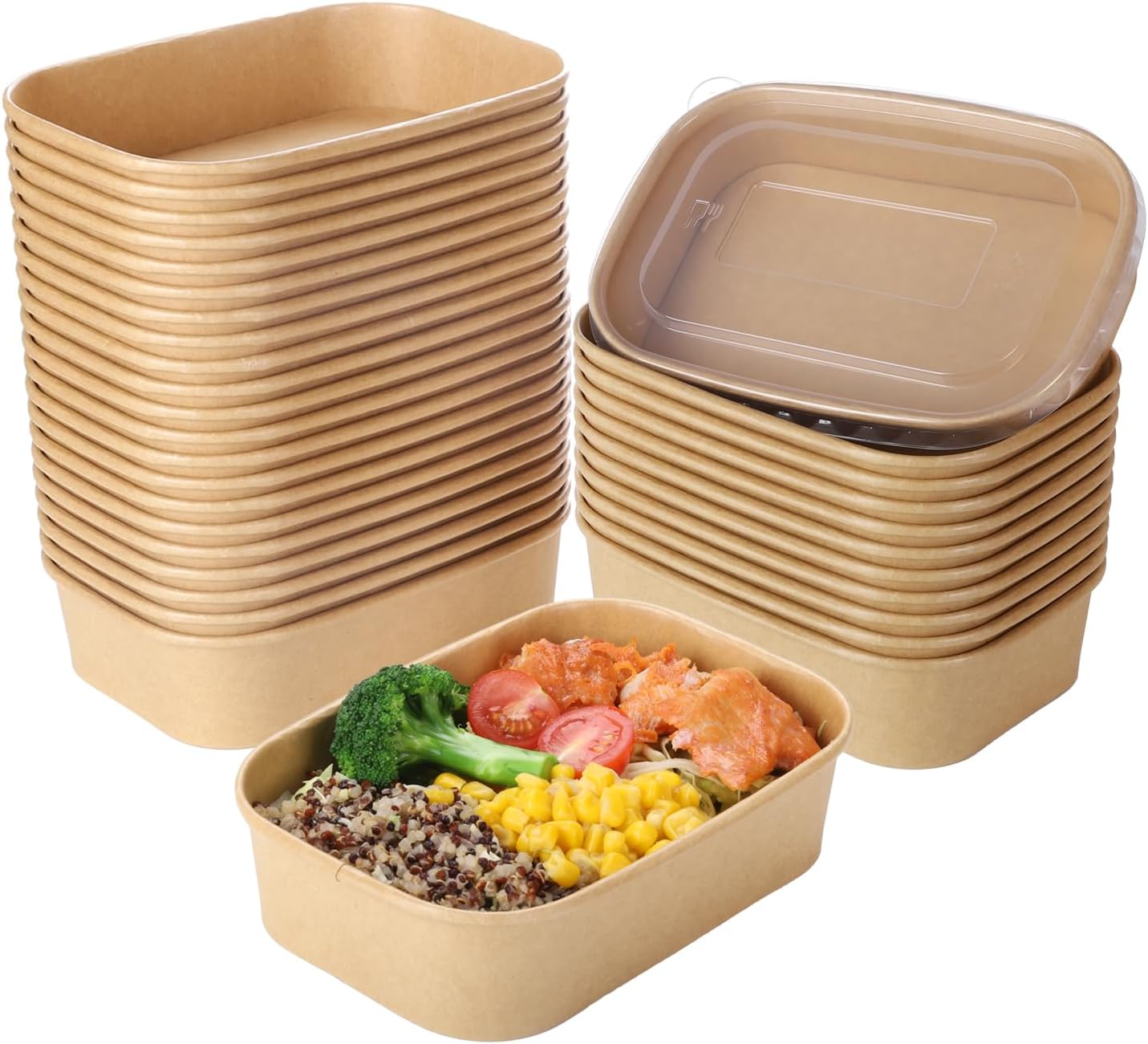 50 Sets 17oz Disposable Kraft Paper Bowls with Lids, Rectangle Paper Food Containers with Lids, Salad Bowls for Hot/Cold Food, Soup, Meal Prep, Ice Cream, Takeout, Party Supplies(500ml) (17oz Kraft)50pcs cups+50pcs lids