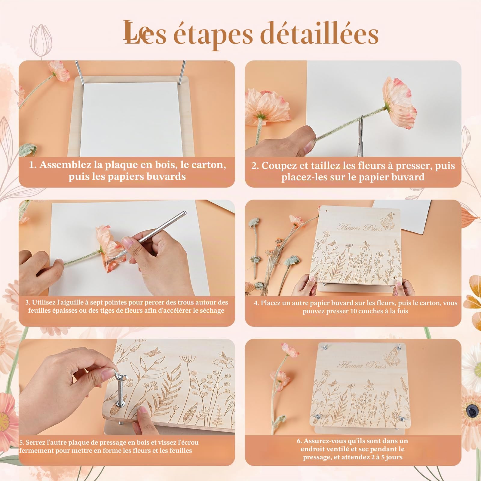 GOLDGE Presse à Fleurs Extra Grande pour Adultes - Kit de Pression de Fleurs en Bois 10 Couches 27,5 x 27,5 cm avec Sac de Rangement, Cadeaux pour les Amateurs d'Arts et de Bricolage DIY