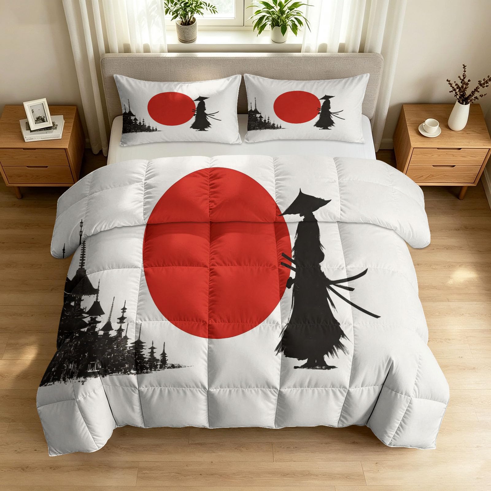Generisch Cartoon Japanisch Bettdecke 155x220cm 4 Jahreszeiten, Samurai Silhouette Rote Sonne Steppdecke, Hautfreundlich Ganzjahresdecke Bettdecke ohne Bezug Waschbar mit 2 Kissenbezug