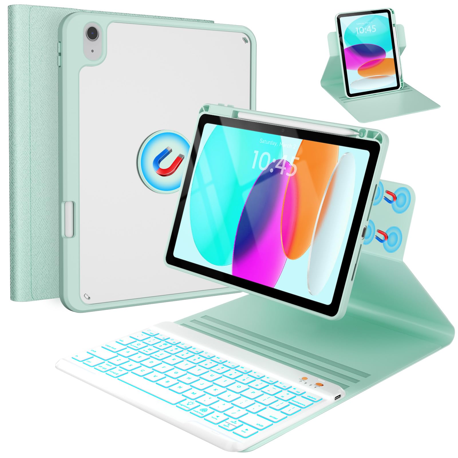 OYEEICE Hülle mit Tastatur für iPad A16 11 Generation 2025/10 Generation 2022 (11/10.9 Zoll), Vergrößerte Anti-Falloff Tastenkappen, 7 Farben Hintergrundbeleuchtung (Grün, 360° drehbar und abnehmbar)