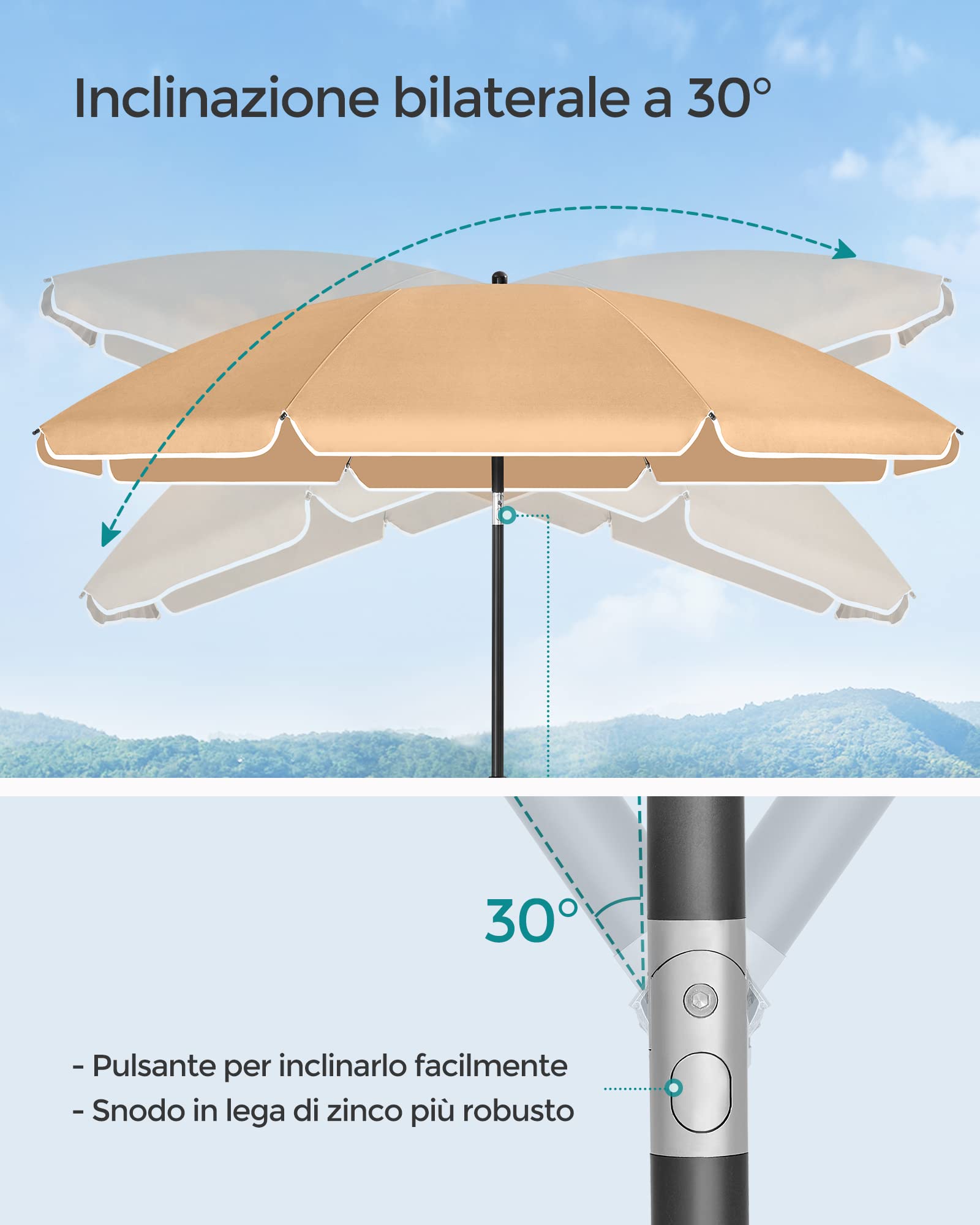 SONGMICS Ombrellone da Spiaggia UPF 50+ Inclinabile Portatile Antivento Stecche Fibra di Vetro Borsa Trasporto