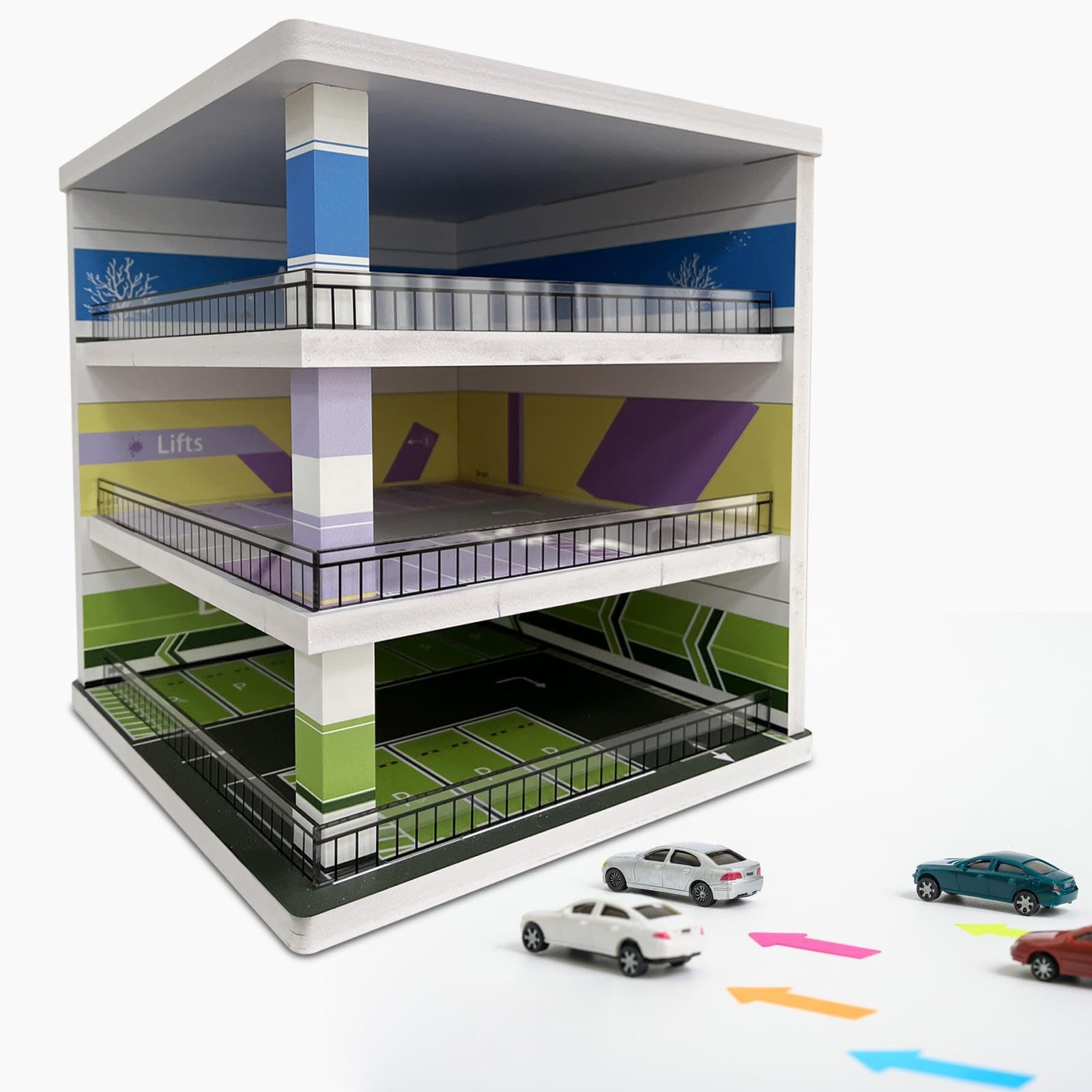 Organisierte Vitrine auf einem Parkplatz zur Präsentation von Diecast Modellautos im Maßstab 1:64 mit einzigartigem szenischem Reiz –
