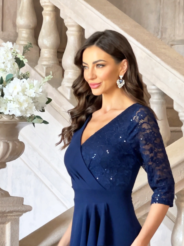 Miusol Women's Classy V-Neck Sequin Lace 3/4 Sleeve Cocktail Party Dress