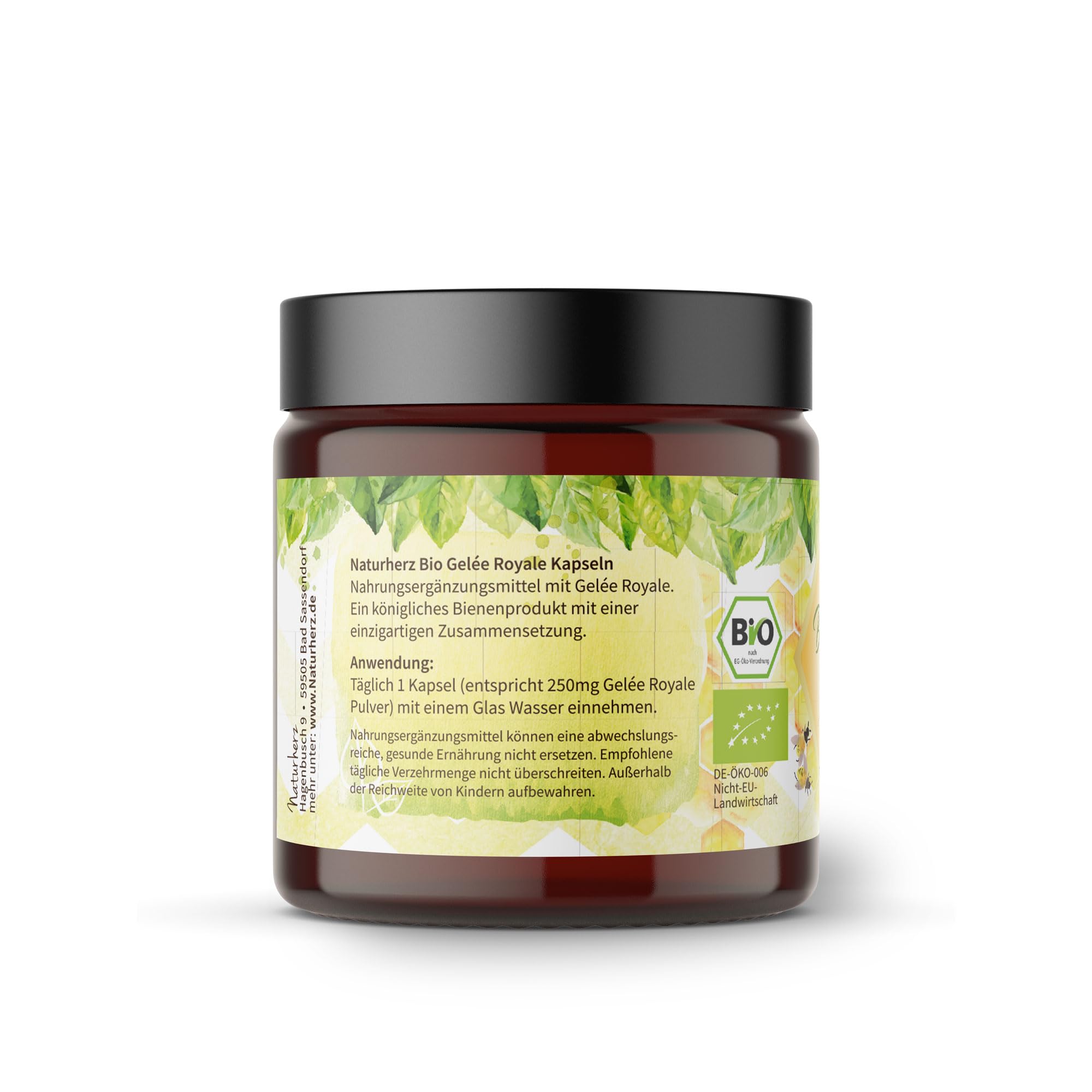 Bio Gelee Royal Kapseln von Naturherz | 100% Gelee Royal Pulver | OHNE Zusätze | 90 Vegi-Caps im praktischen Braungläschen