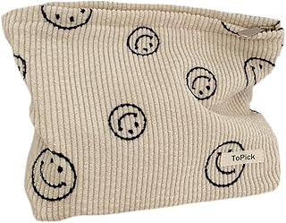 Corduroy Makeup Bag, Cosmetic Bag with Zipper Closure, Make Up Bag Handbags Purses Pouch Travel for Women, Smile Dots Organizer Storage Bag Girls Pencil Case, Clean Girl Aesthetic Must Haves
