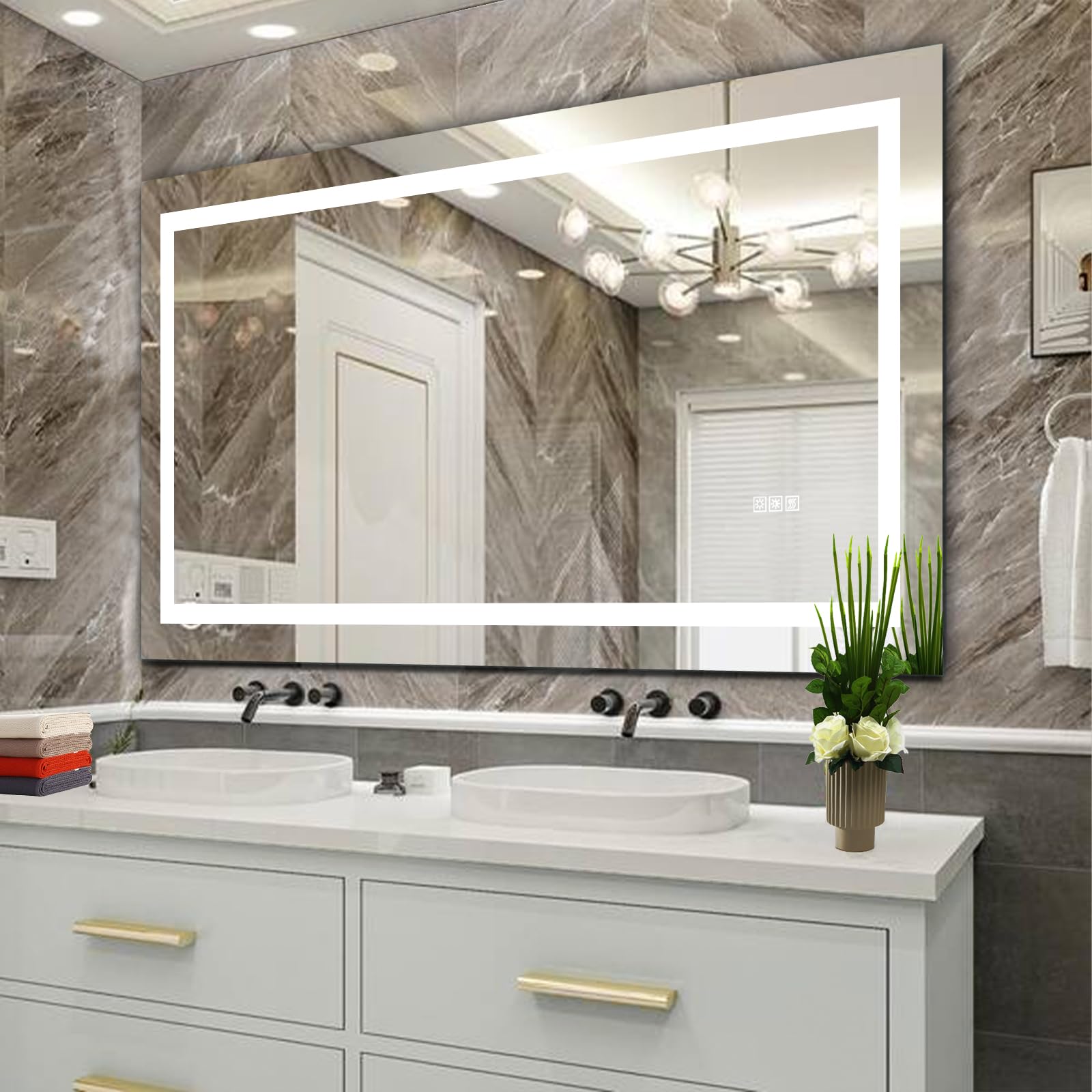TREATLIFE HOME Bright and LED Bathroom Mirror with Anti-Fog and Dimming Features, 60x32 Inch, Rectangular