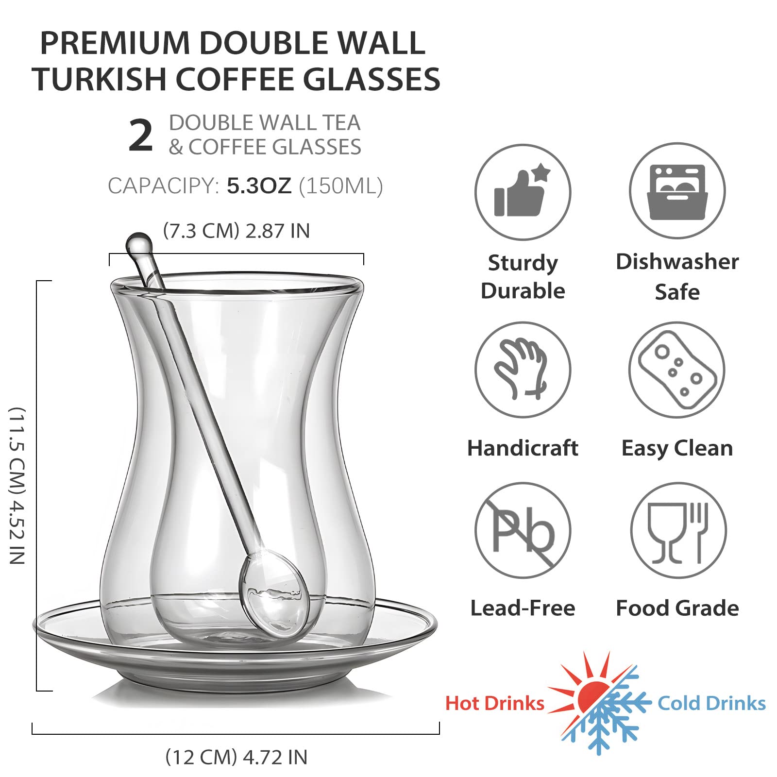 YY Premium Double Wall Turkish Coffee Glasses and Saucers with Mixing Spoons, Turkish Tea Cup Set of 2, 150ml, Perfect for Party, Gifts, Housewarming, Weddings, Aniversary