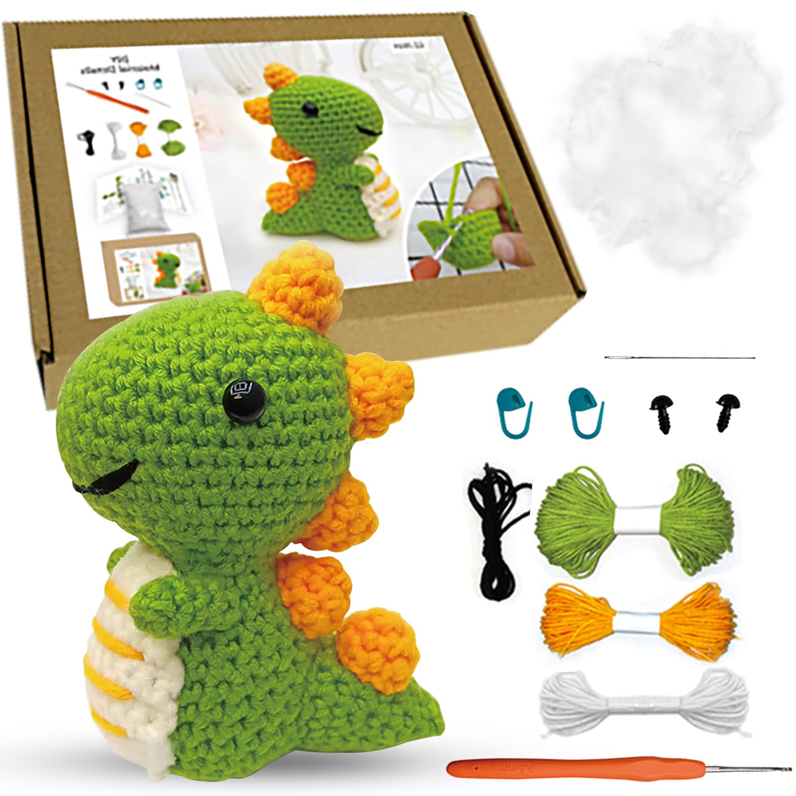 Jodsen Kit de tricot avec crochets - Adorable dinosaure - Pour débutants - Avec instructions étape par étape et tutoriels vidéo détaillés (dinosaures)
