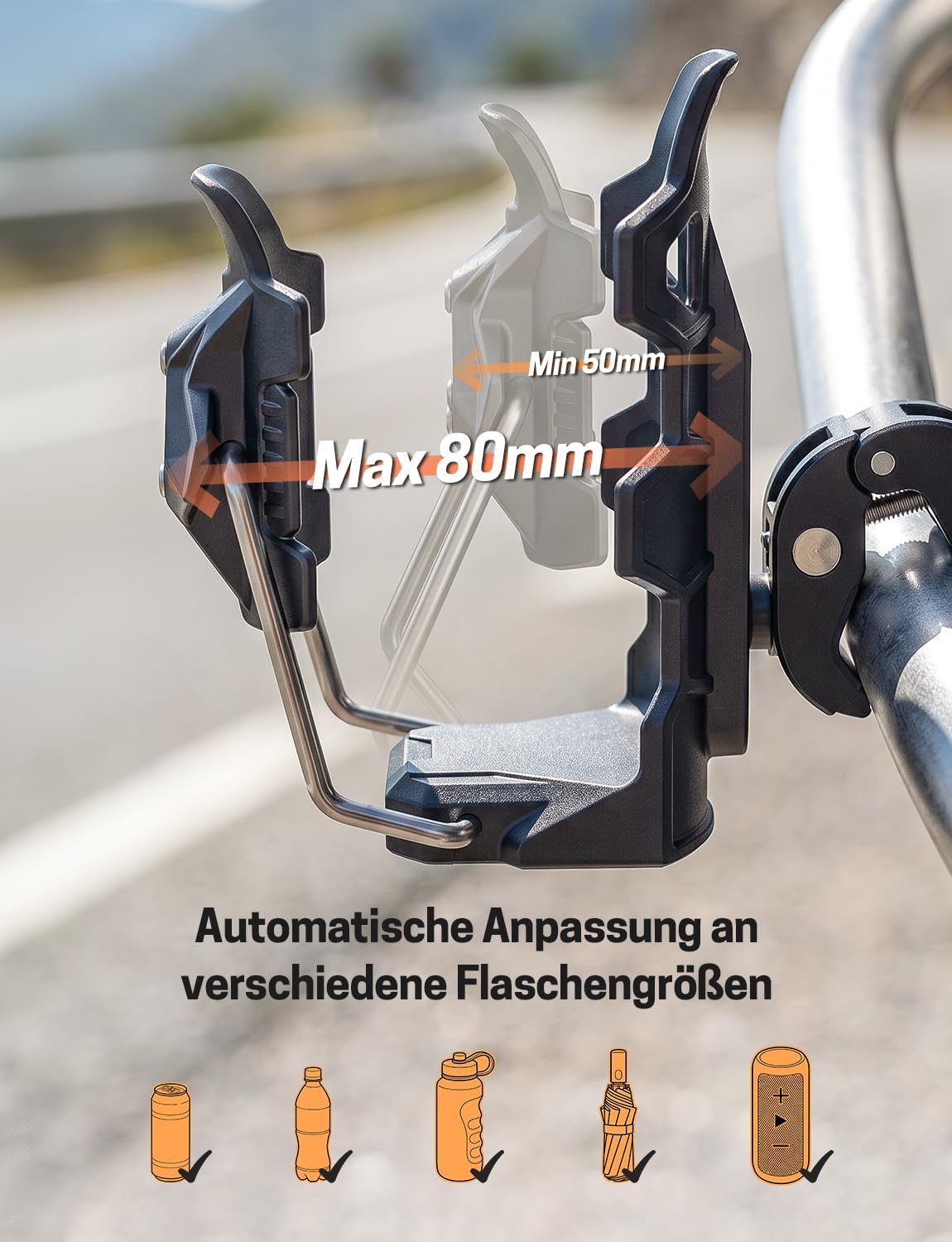 Jeebel Flaschenhalter Motorrad, Becherhalter Adaptiver Verriegelnder mit 12–45mm Anti-Diebstahl Metallklemme, Kompatibel mit 50–80mm Durchmesser Trinkflaschen, Getränkehalter für ATV Fahrrad Roller
