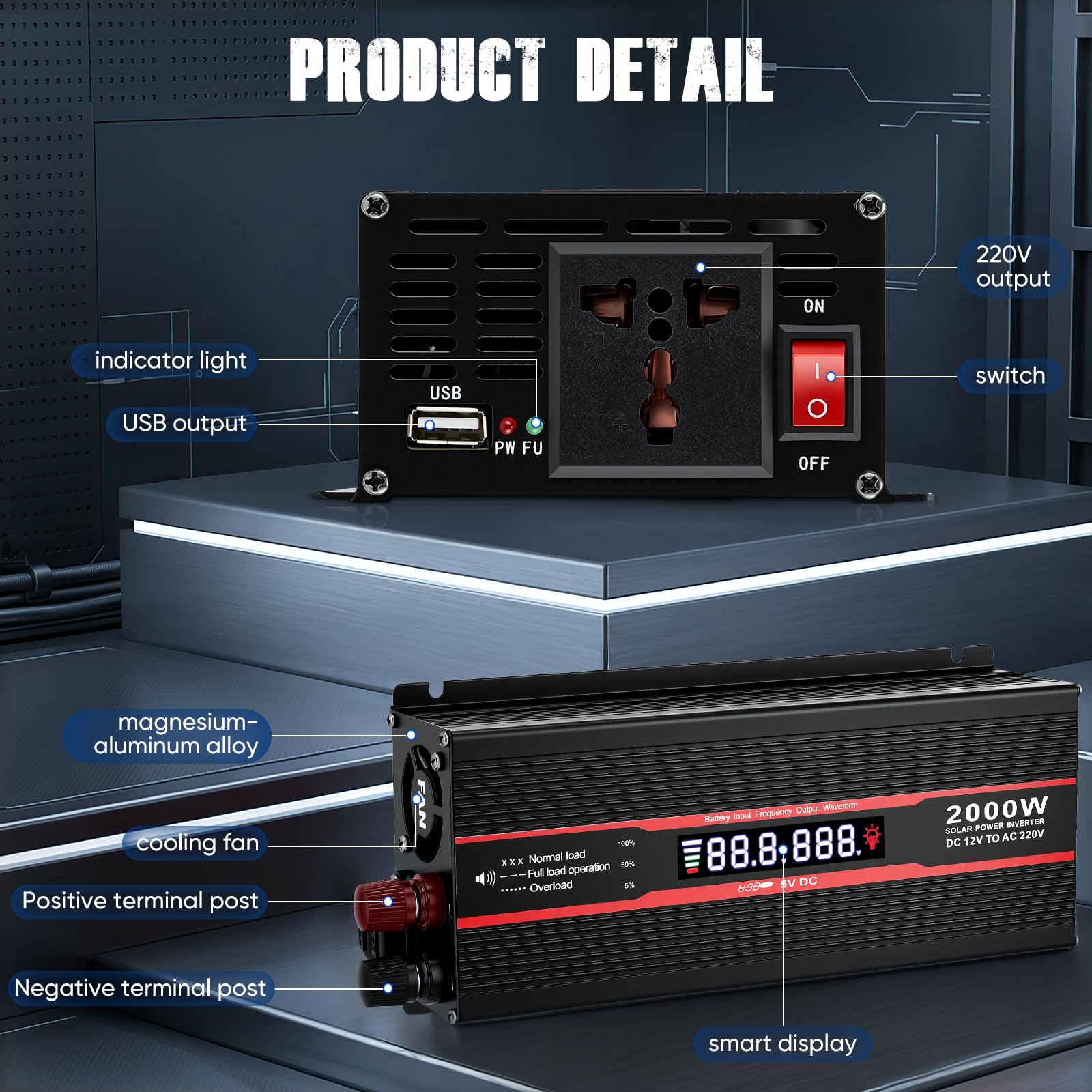 2000W Convertisseur 12V 220V/230V Pur Sinus Transformateur avec Prise EU de Courant Alternatif, Port USB, écran LCD,Allume Cigare Prise Electrique pour Voiture, Camping, Voyage, Panneau Solaire