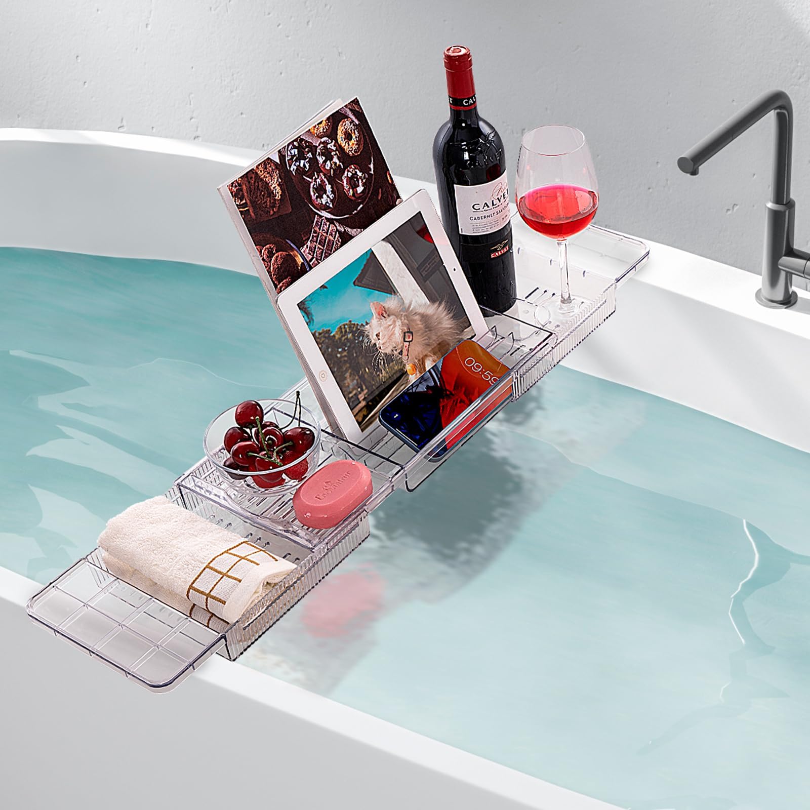 Bandeja para Bañera de Acrílico, Bandejas Bañera Jacuzzi para Bañera para Una Bandeja de Baño Retráctil para Bañera, Accesorio de Baño para Copas de Vino, Libros, Tabletas, iPad y Teléfono