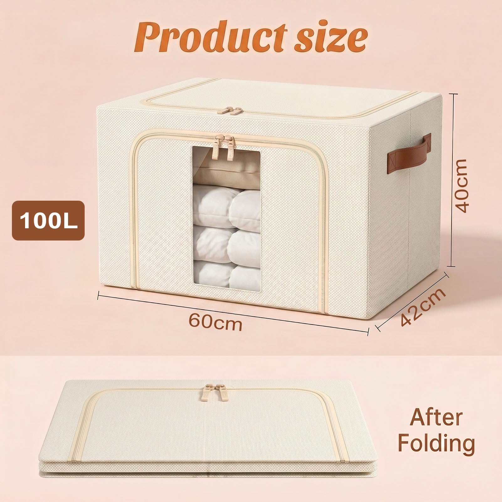 Borsa portaoggetti pieghevole in metallo: contenitore impilabile con coperchio per il guardaroba, organizer per biancheria da letto (beige 3 x 100 L)