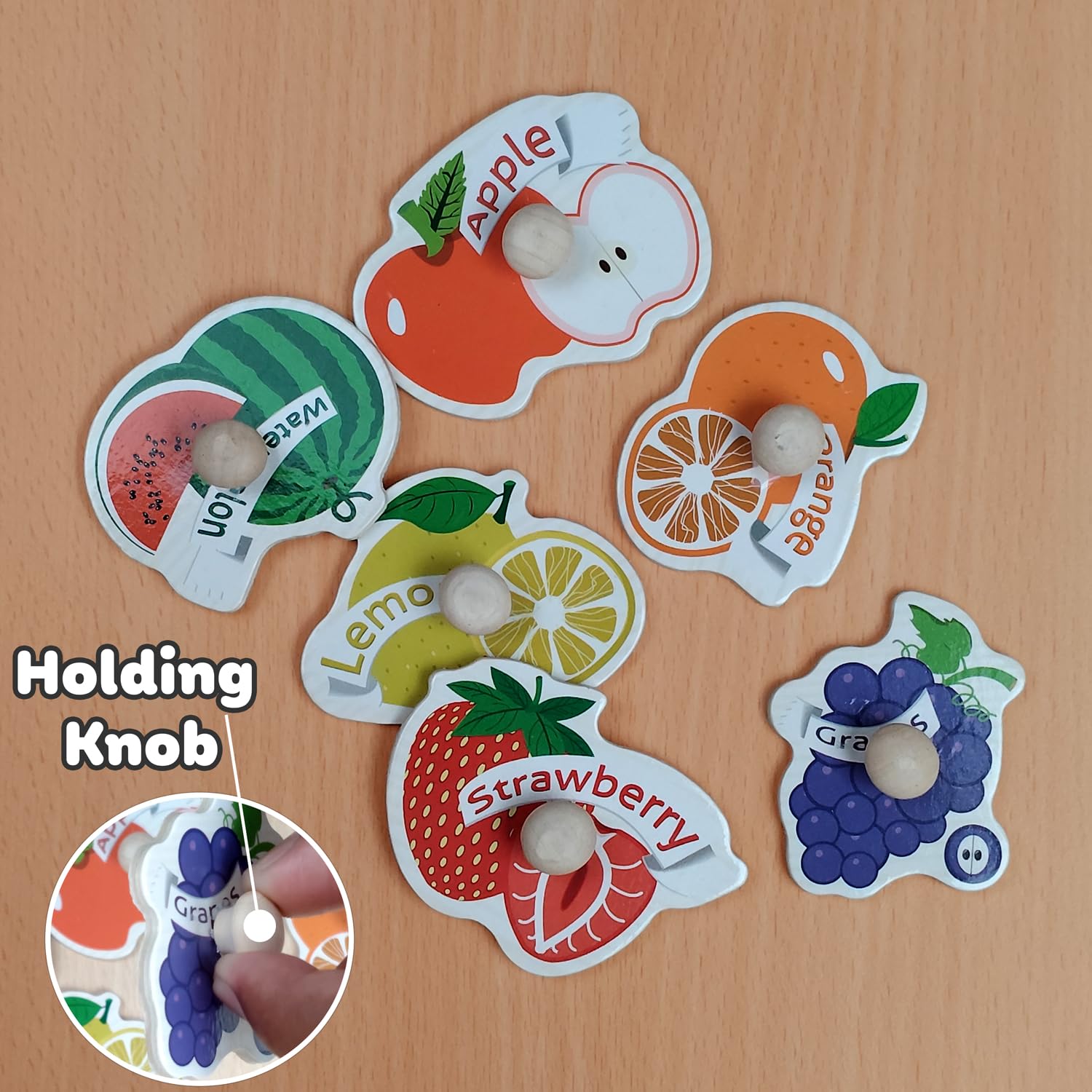 WUDLY Wooden Fruit Peg Puzzle Board with Knobs for Kids 2+ Years, Montessori Educational Toy for Toddlers & Preschoolers, Early Learning Colour & Fruit Recognition & Skills Development Puzzle 2