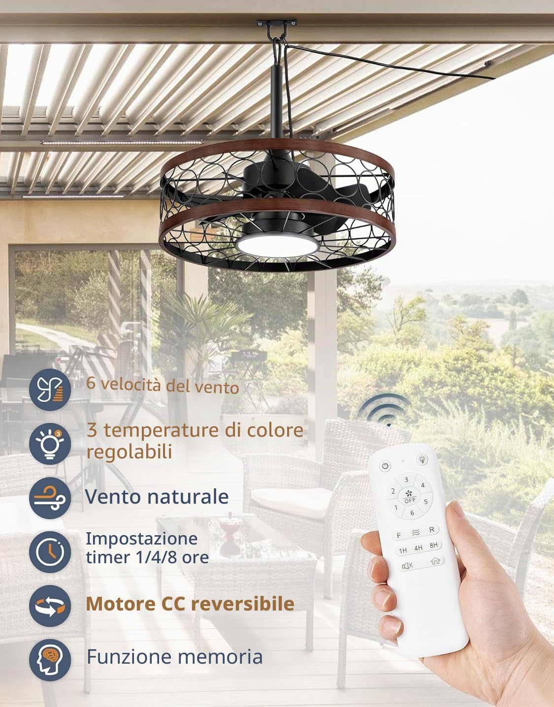 Ventilatore Da Soffitto con luce led e telecomando silenzioso IP65 Impermeabile Esterno Dimmerabile Plafoniera con ventilatore Gabbia Lampada de Soffitto con Ventilatore per Camera da Letto Soggiorno