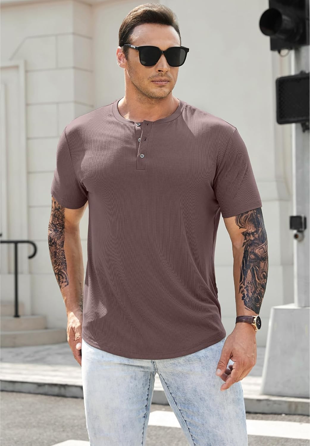 Herren Muscle Slim Henley Shirts Crewneck T-Shirt Gym Training Sport Shirt Tees - Bild 113 von 146