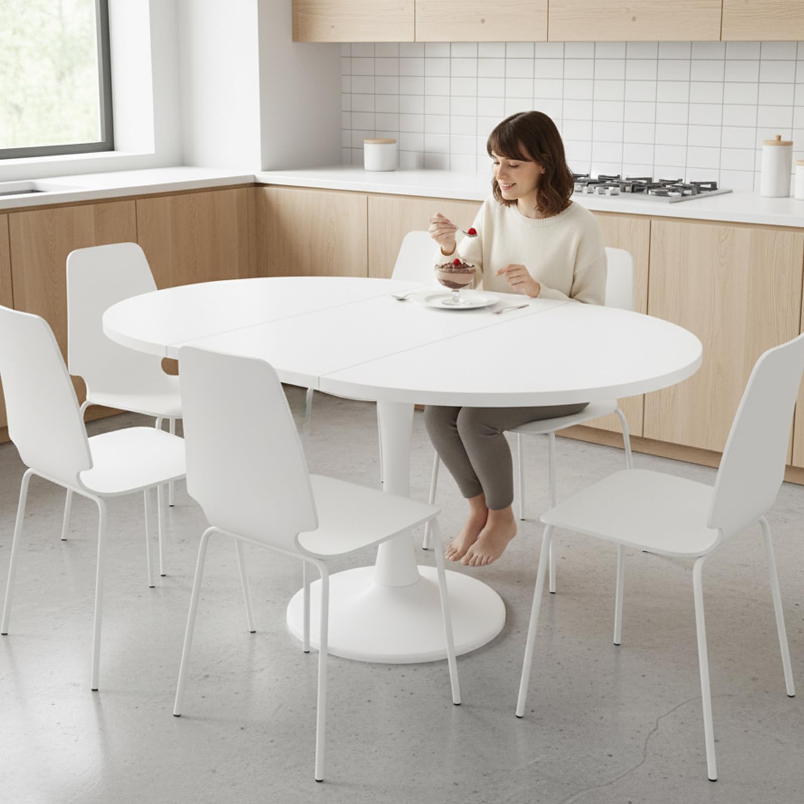 Mesa de Comedor Redonda Extensible, Blanca, 100-140 x 100 x 75 cm, para 4-6 Personas, Ideal para Comedor, Cocina y salón (A)