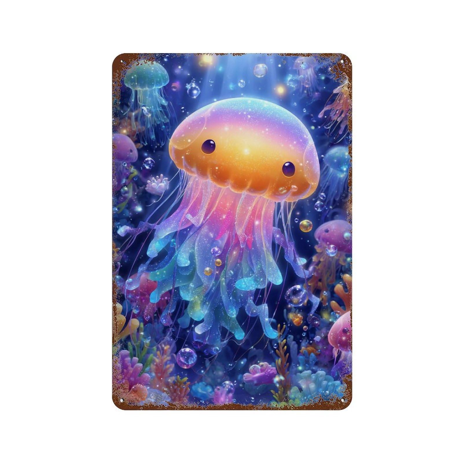 Aged Metal Wall Plaque with Colorful Jellyfish Ocean Scene Design 11.8"x7.9", for Shed, Workshop And Garage Wall Decor, Decorative Metal Wall Art